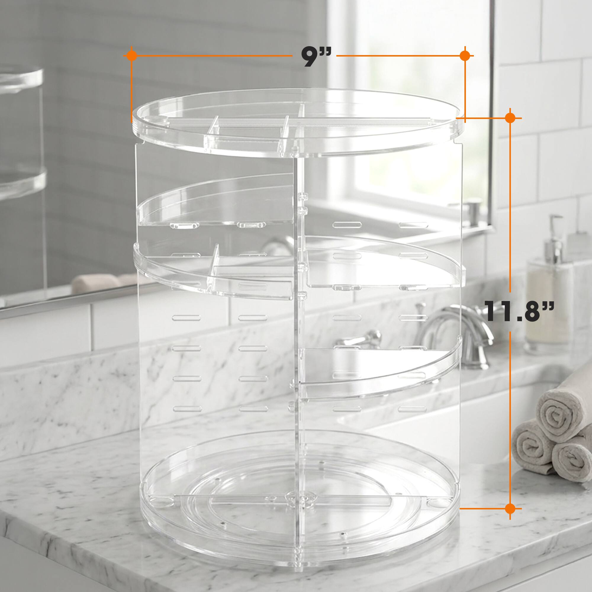 Back. Cheer Collection - 360-Degree Rotating Acrylic Makeup and Skincare Organizer with 4 Adjustable Trays, 7 Height Levels - Clear.