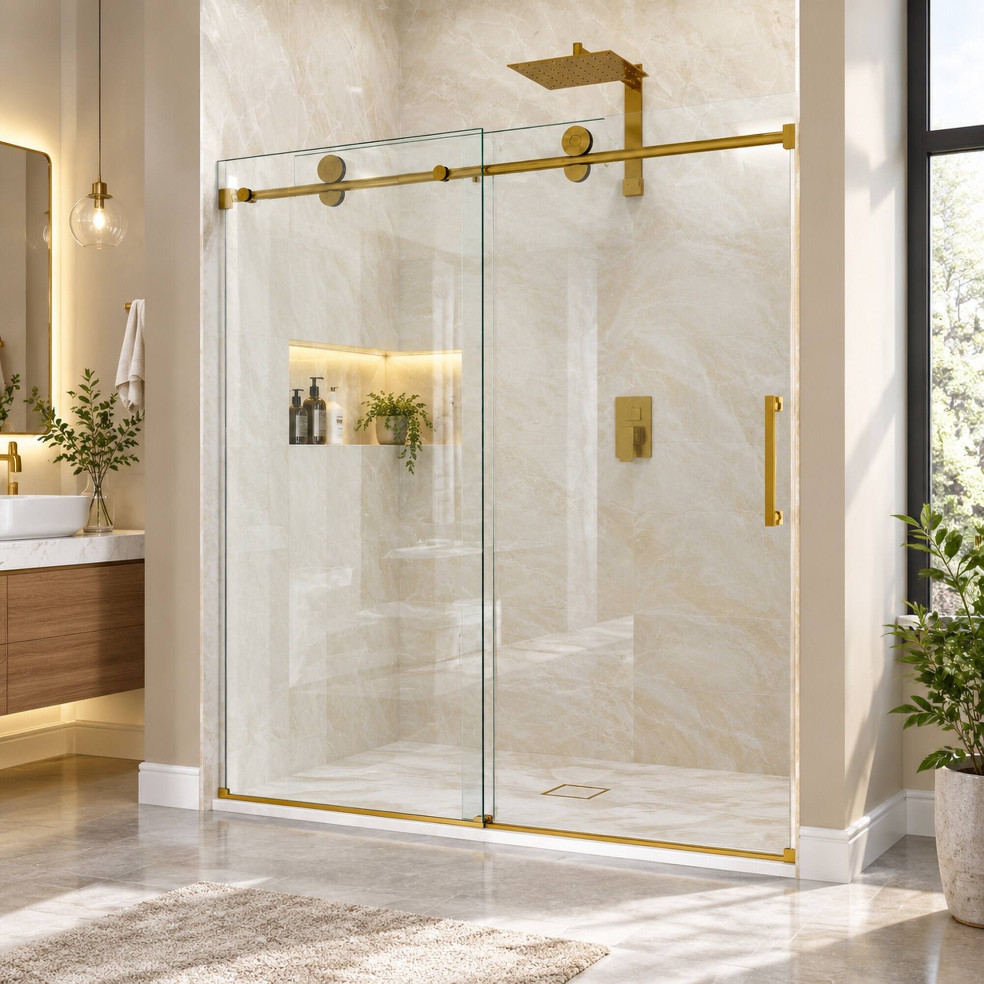 Angle. RYHNUYNE - 56-60 In W X 72 In H Frameless Single Sliding Shower Door, 5/16 In Clear Tempered Glass Brushed Gold Finish - Brushed Gold.