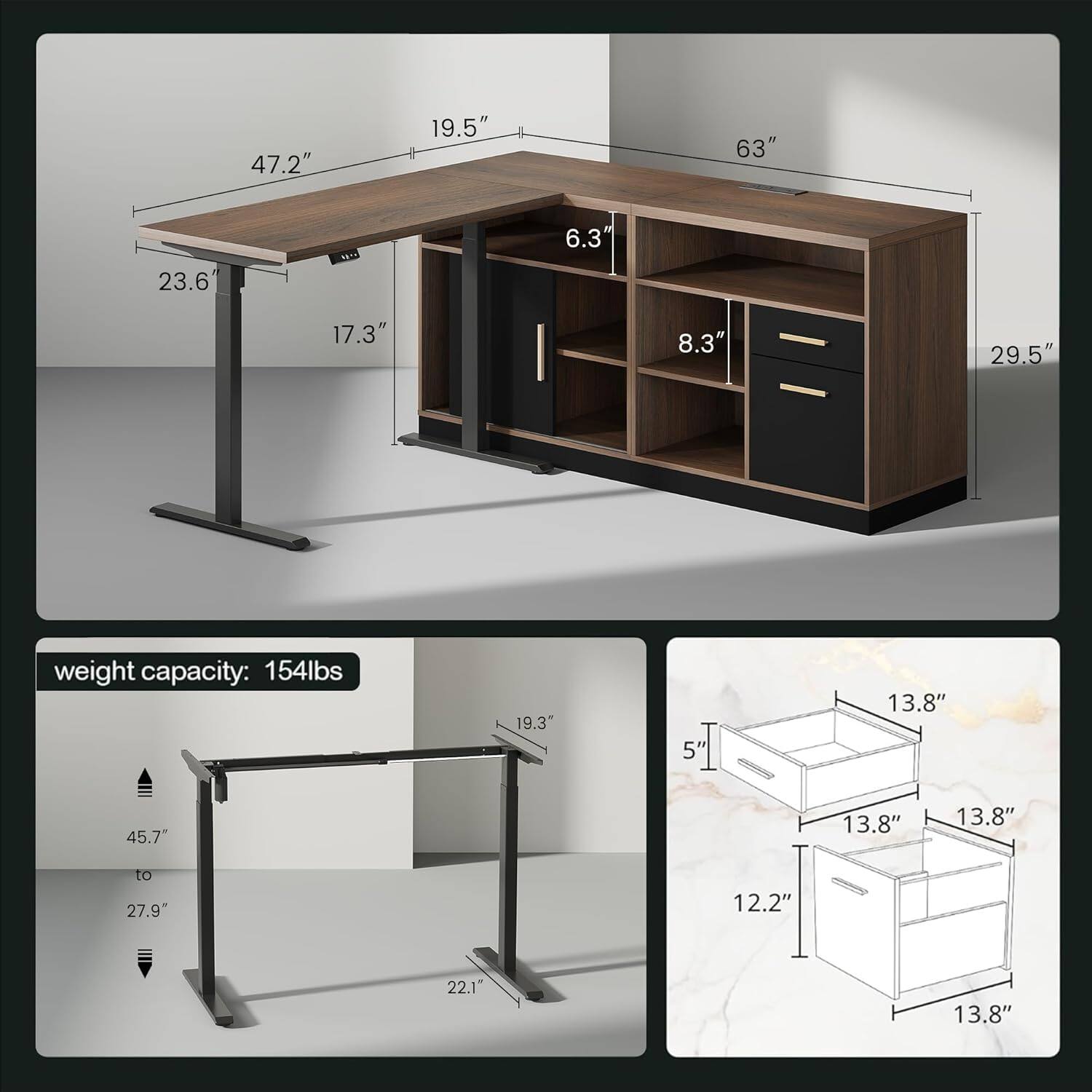 ModernMate - Home Office Furniture Set, 114\" Standing Desk with 2 File Cabinets, AC/USB, Electric Height Adjustable - Thumbnail 2
