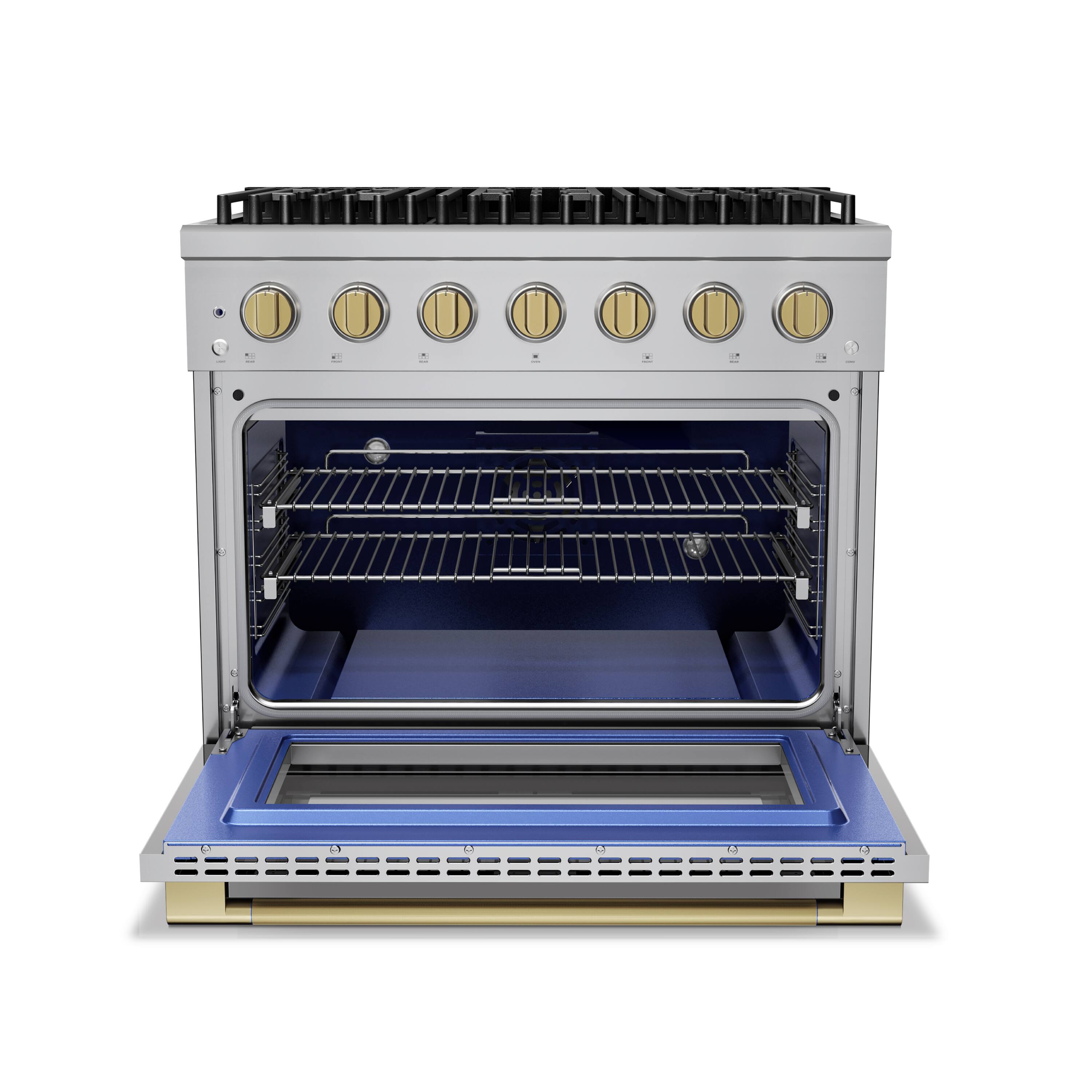 Angle. Hauslane - HausPro 36 in. 6 Burners (20,000 BTU) Freestanding Dual Fuel Range in Stainless Steel with Convection Oven Satin Brass - Satin Brass.