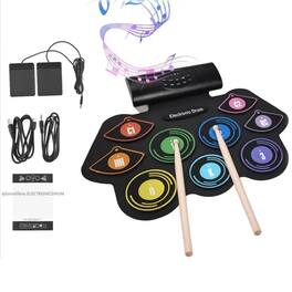 Topteng - 9-Pad Roll-Up Electronic Drum Set with Stereo Speakers & Foot Pedals - Portable Practice Kit, Ideal Gift for Beginners