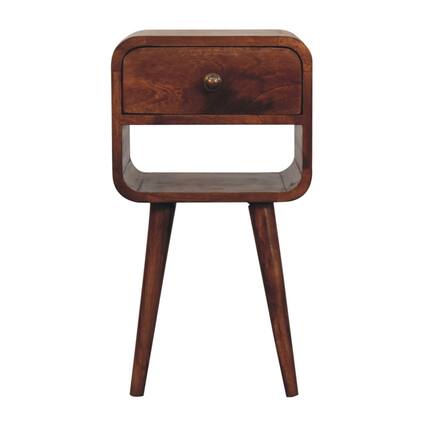 Front. Artisan Furniture - Artisan Furniture Solid Wood Mini Honey Caramel Curved Bedside, 1 Drawer, 1 Open Slot, Nordic Legs, Dark Brown - Caramel.