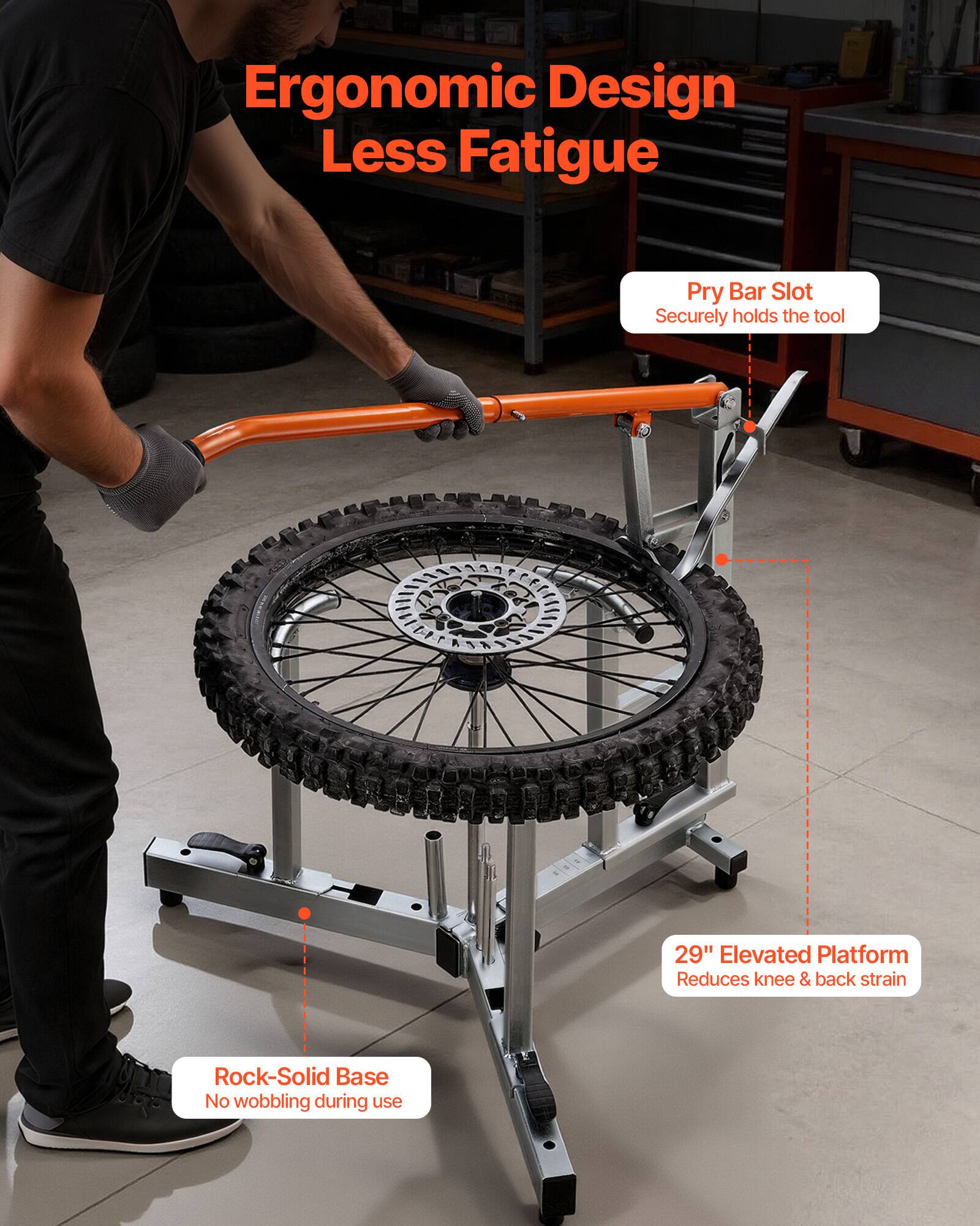 Ergonomic Design Less Fatigue

- Pry Bar Slot: Securely holds the tool
- 29" Elevated Platform: Reduces knee & back strain
- Rock-Solid Base: No wobbling during use