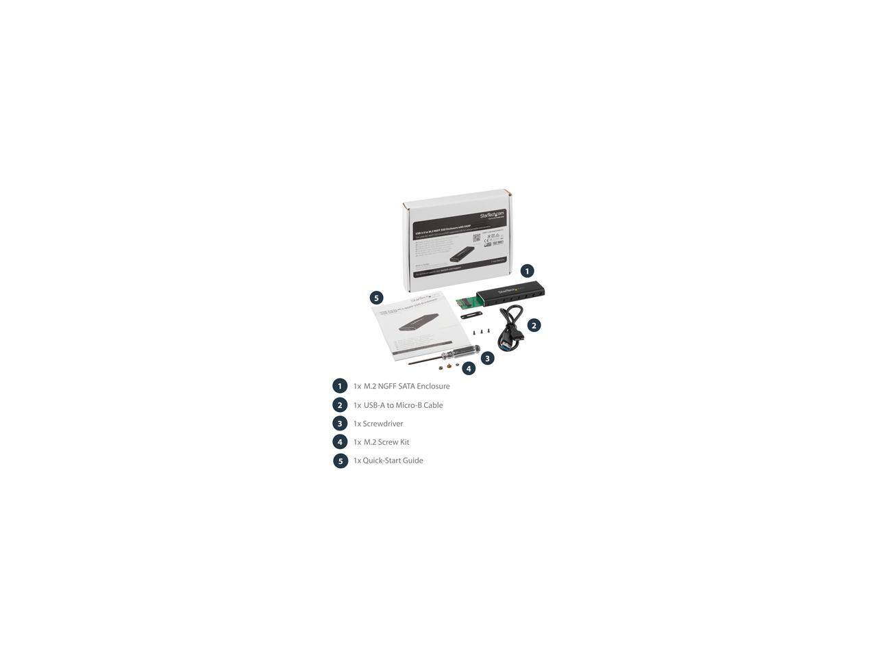 1. 1x M.2 NGFF SATA Enclosure
2. 1x USB-A to Micro-B Cable
3. 1x Screwdriver
4. 1x M.2 Screw Kit
5. 1x Quick-Start Guide