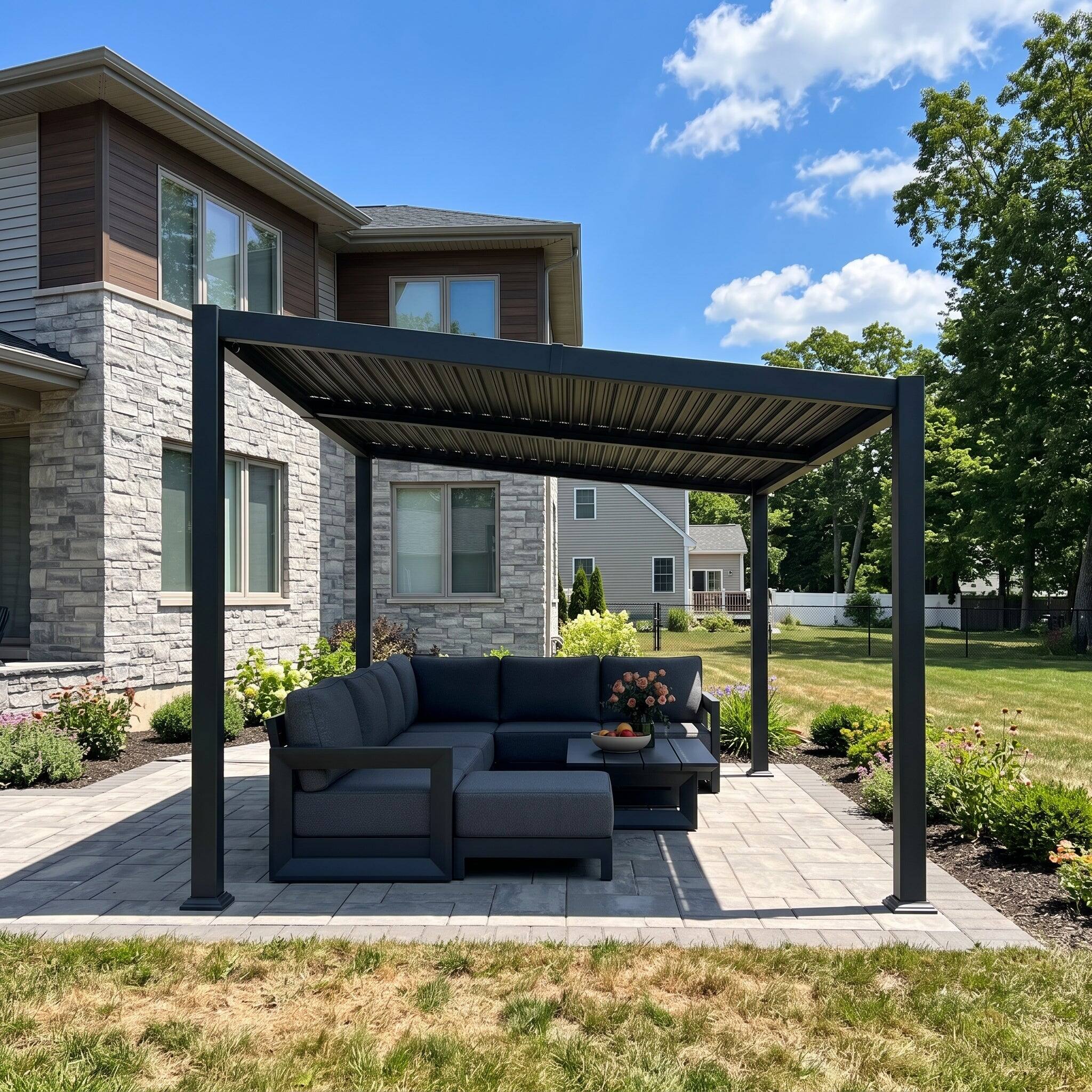 Left. PURPLE LEAF - 10'×12' Louvered Pergola Slanted Roof Outdoor Aluminum Frame With Adjustable Rainproof roof for Patio Garden Yard - Gray.
