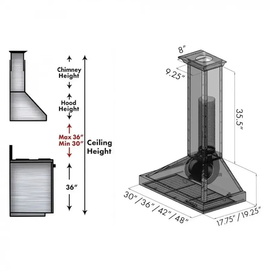 The image contains a diagram with various measurements and heights for a chimney and hood. The text on the image reads:

* Chimney Height: 8"
* Hood Height: 9.25"
* Ceiling Height: 35.5" (with a range of 36" to 30")
* Minimum Ceiling Height: 30"
* Maximum Ceiling Height: 48"
* 17.75" (with a range of 19.25" to 19.25")

These measurements are likely used to ensure proper installation and functioning of the chimney and hood in a building.