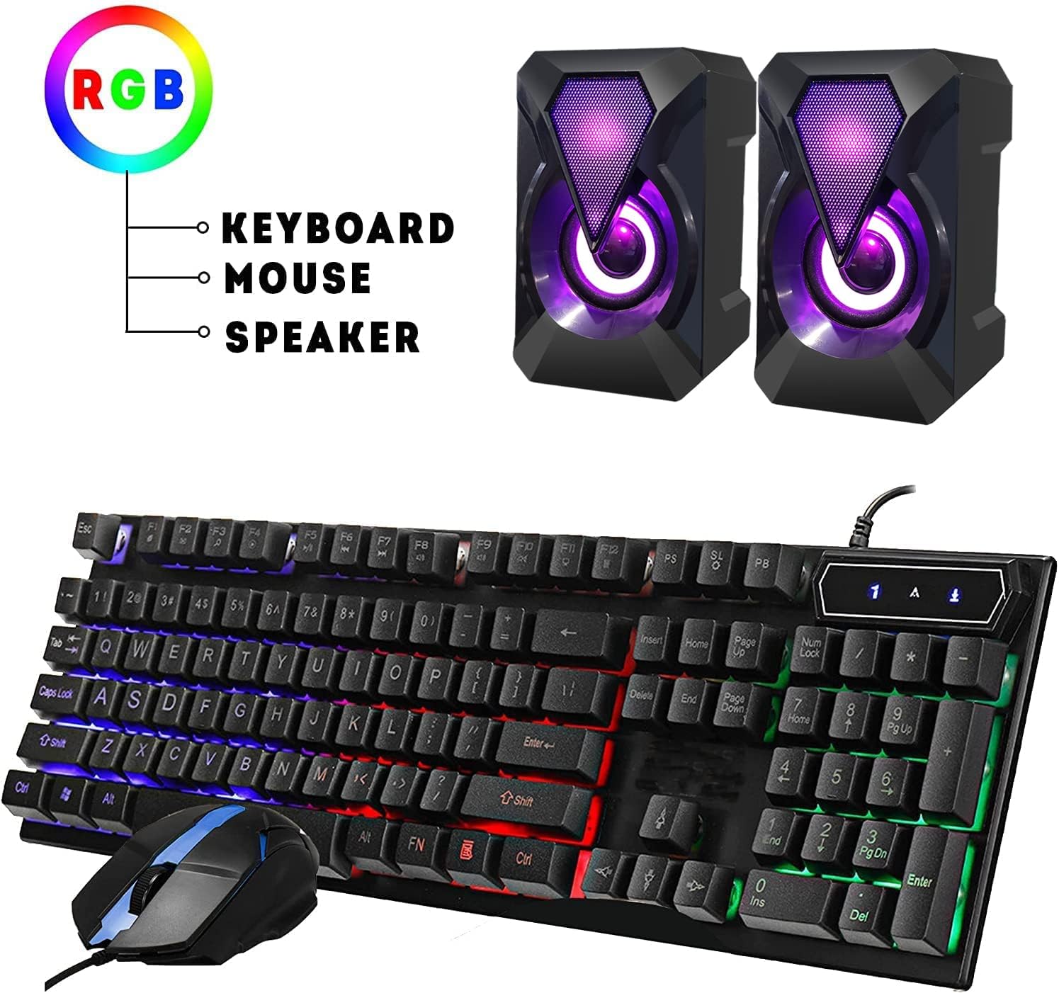 RGB  
KEYBOARD  
MOUSE  
SPEAKER  

Esc F1 F2 F3 F4 F5 F6 F7 F8 F9 F10 F11 F12  
1 2 3 4 5 6 7 8 9 0 - = Delete  
Q W E R T Y U I O P [ ] \  
A S D F G H J K L ; ' Return  
Z X C V B N M , . /  
Caps Lock Shift Z X C V B N M , . /  
Shift Ctrl Fn Alt Spacebar Ctrl Alt  
Insert Home Page Up Num Lock / * -  
Delete End Page Down Home + 4 5 6 1 2 3 4 5 6 7 8 9 0 - =  
Enter Ins Del