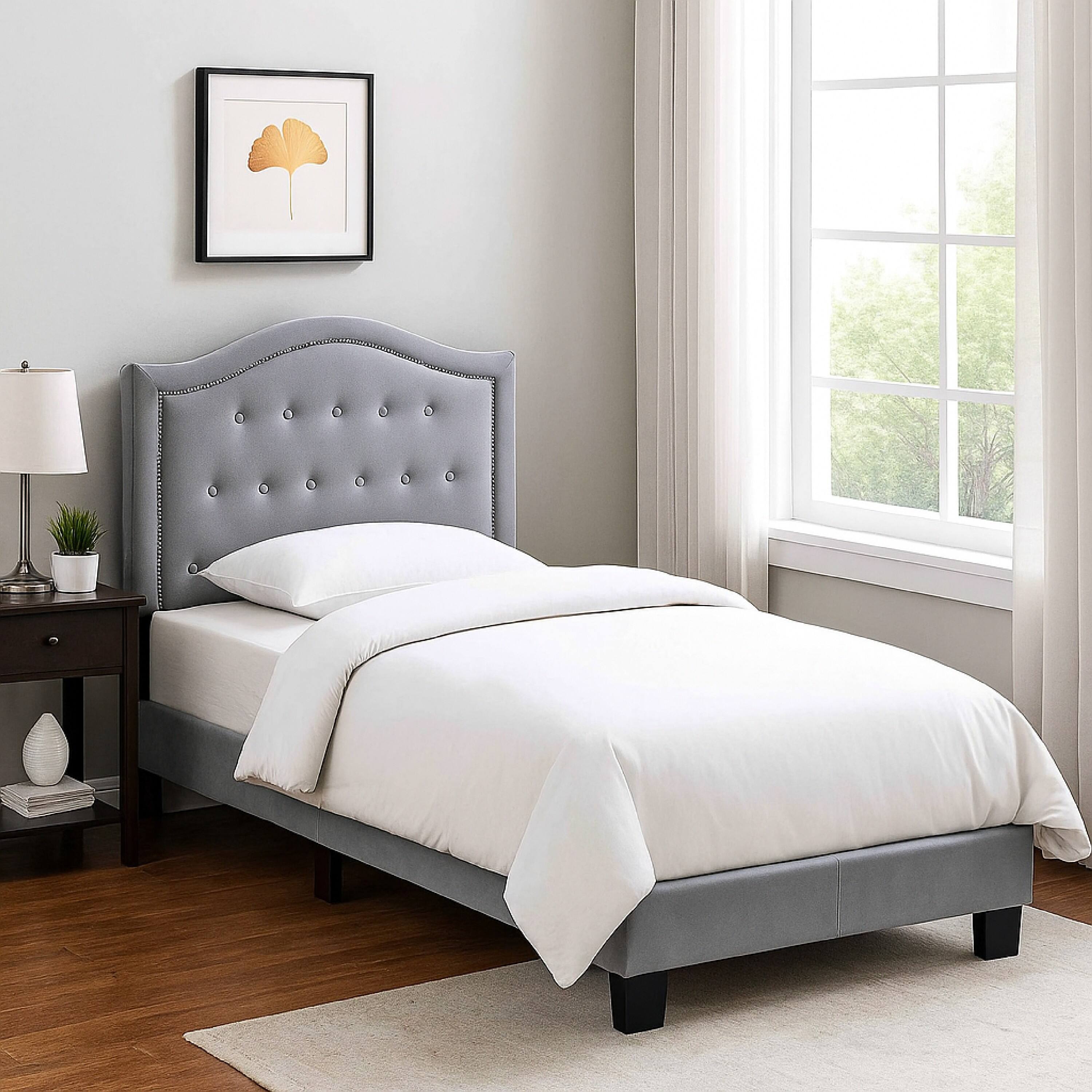 Alt View 5. Manhattan Lane - Button Tufted Twin Velvet Bed with Curved Headboard - Gray.