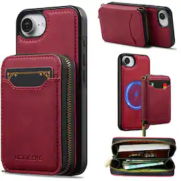 Dteck - 2-in-1 Magnetic Detachable Zipper Wallet Case for Apple iPhone 17e, RFID Blocking PU Leather Phone Cover - Red