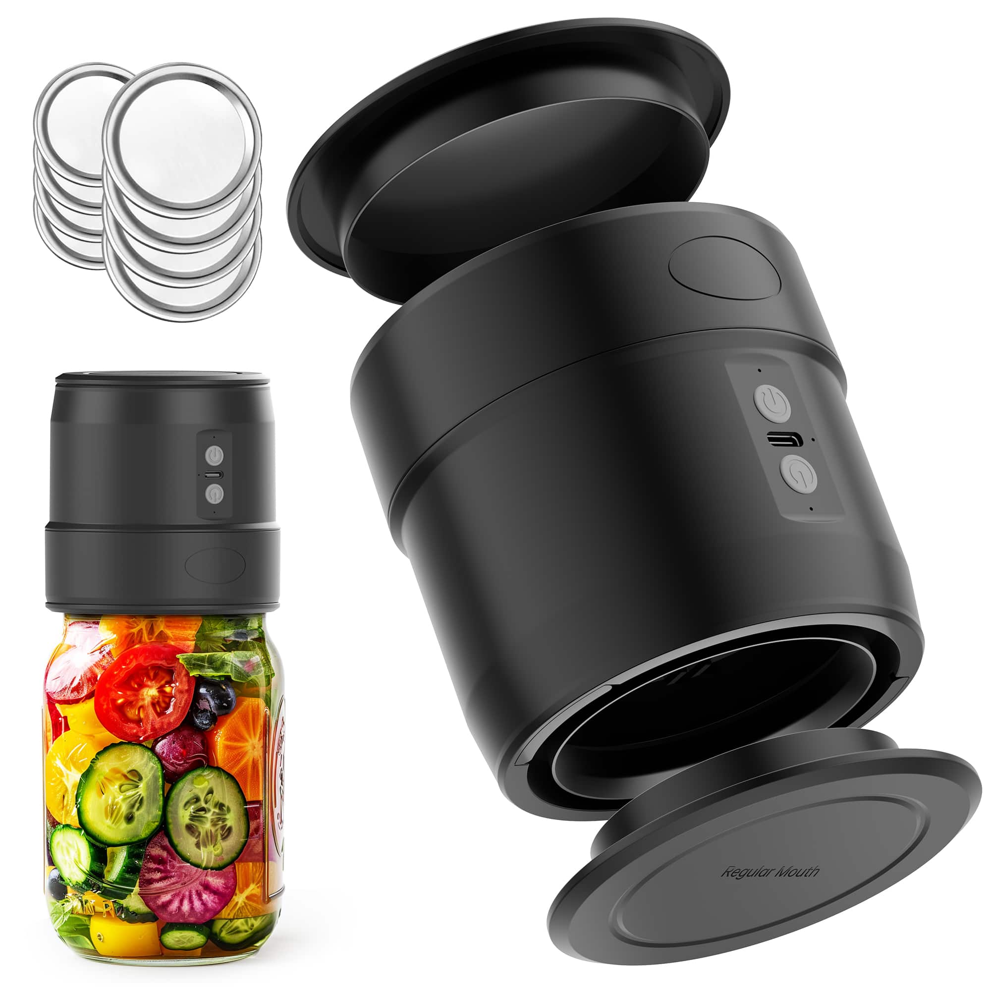 Easyera - Electric Mason Jar Vacuum Sealer, Upgraded Dual-Head Auto-Stop, Fits Wide & Regular Mouth Jars - Black