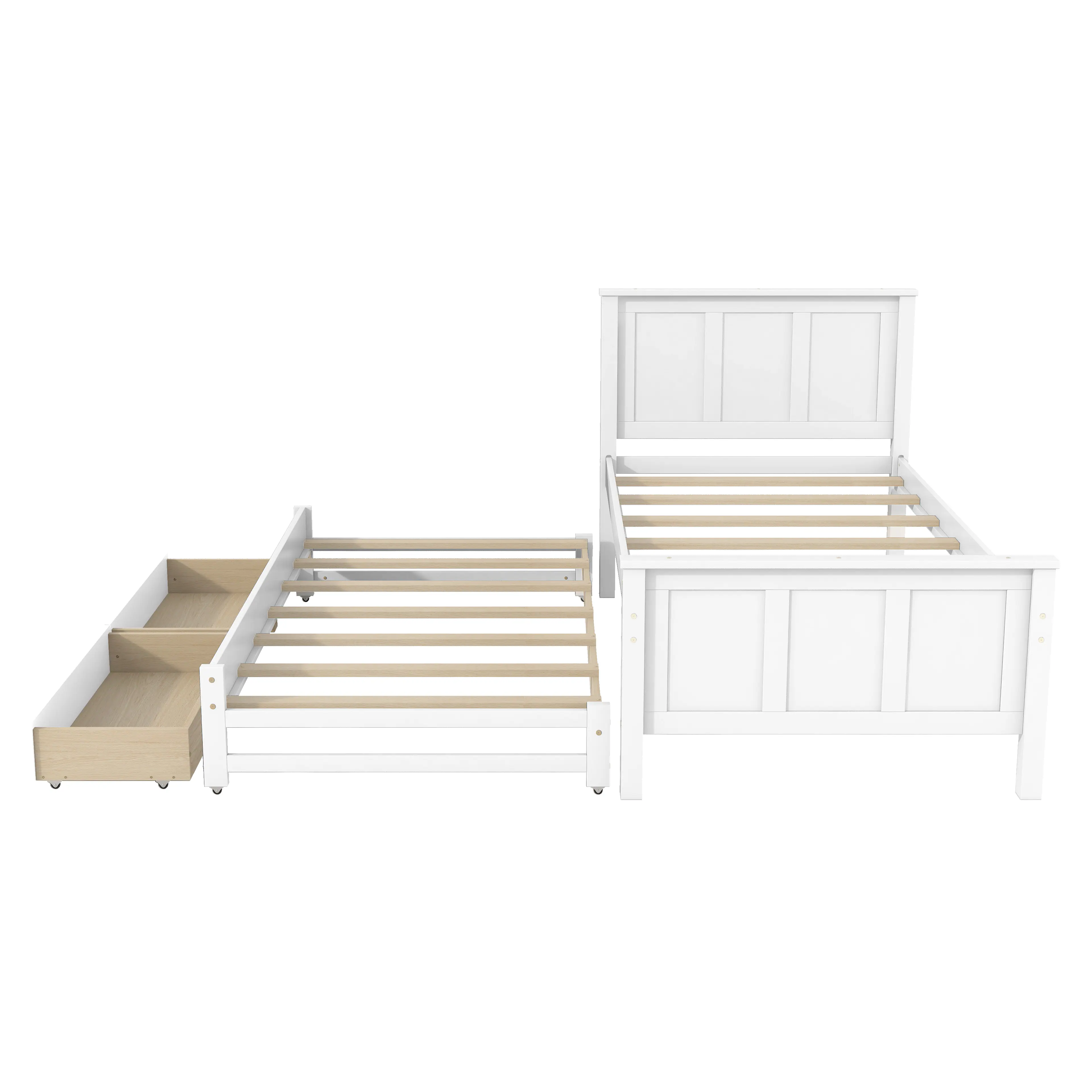 Alt View 2. Whisen - Twin Size Platform Bed Frame with Trundle and 2 Storage Drawers, Wood Bedroom Furniture - White.