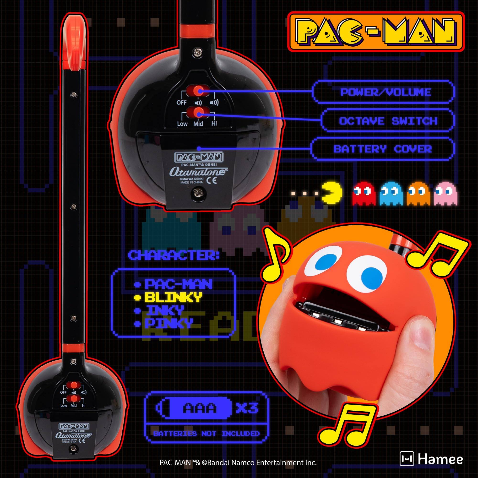 PAC-MAN OFF ) <)) POWER/VOLUME E Low Mid Hi OCTAVE SWITCH FAC-MAN PAL AL-MANTA cONd Atamalone EMrRA - MALE - - CE BATTERY COVER CHARACTER: PAC-MAN BLINKY INKY PEOL PINKY oF - Loe Mil d AAA x3 FA3-DEV : Utamatone CE BATTERIES NOT INCLUDED PAC-MAN& Bandai Namco Entertainment Inc. -| Hamee