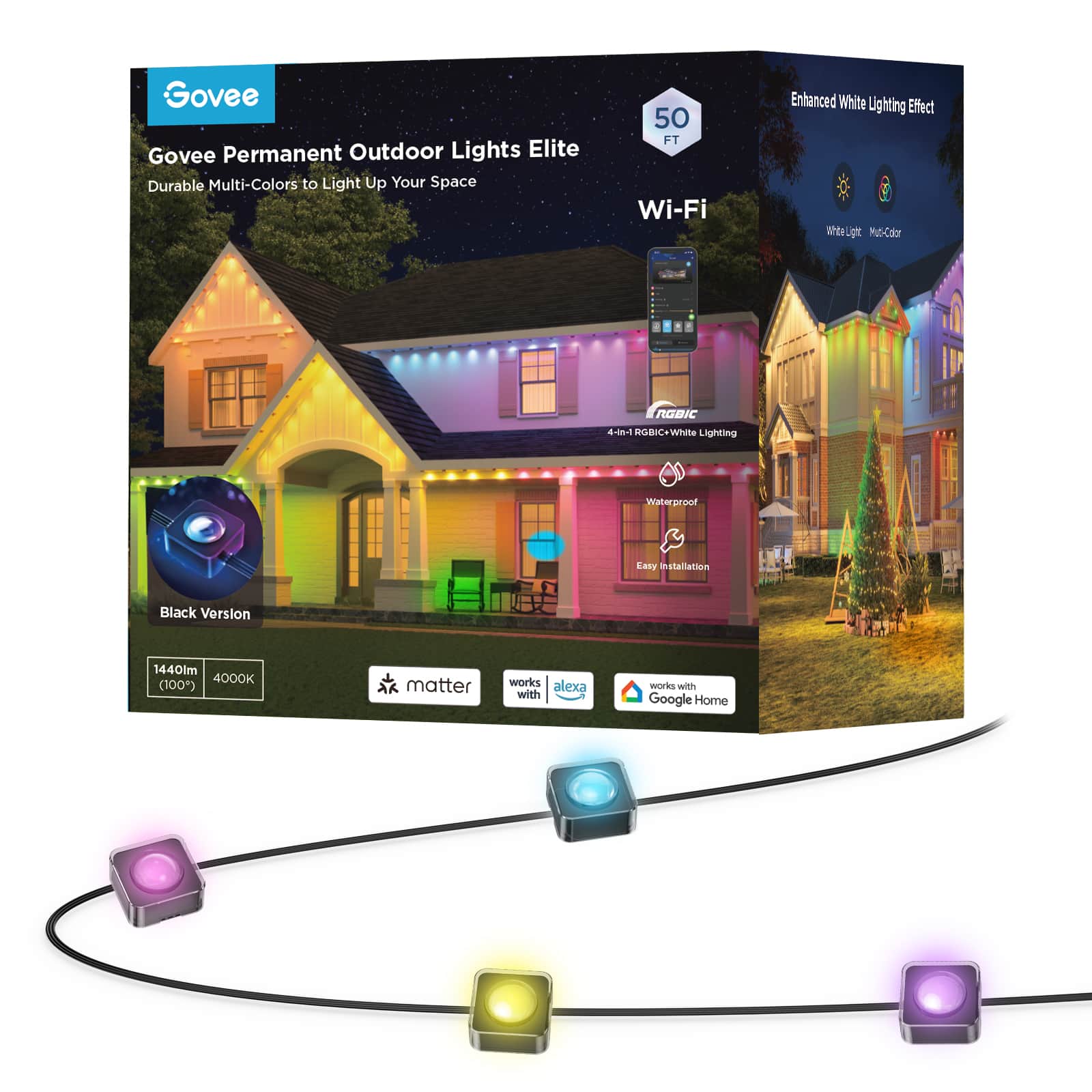 Govee - Wi-Fi RGBIC Outdoor Permanent String Lights 50ft - Black - Front_Zoom