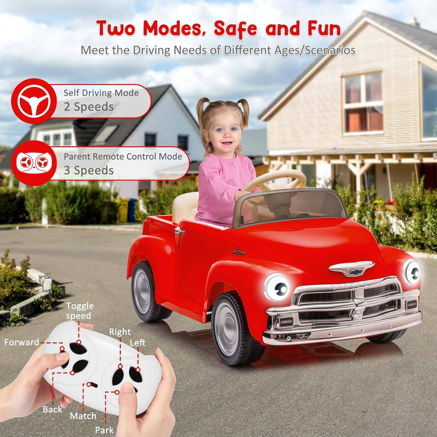 Two Modes, Safe and Fun  
Meet the Driving Needs of Different Ages/Scenarios  

Self Driving Mode  
2 Speeds  

Parent Remote Control Mode  
3 Speeds  

Toggle speed  
Forward  
Right  
Left  
Back  
Match  
Park