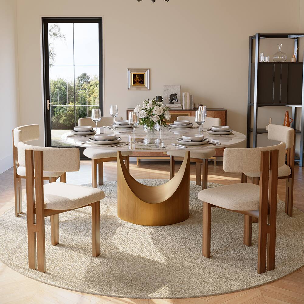 Angle. POVISON - 59" Modern Round Dining Table for 6 Pandora Glossy Sintered Stone Table with Bronze Carbon Steel Pedestal - White with Bronze.