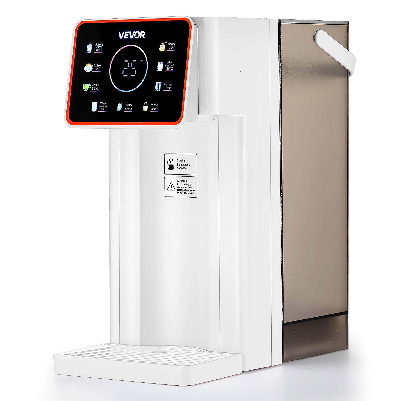Boling 100C  
VEVOR  
Honey 55C  
Coffee B5C  
like infusion 45C  
Lemon 65C  
Normal TEMP  
Water volume ML  
Water Cease  
V-chip Unlock  
Caution Be careful of 1 M water  
Attention: It is normal to see the water coming out of the dispenser for preheating and steam