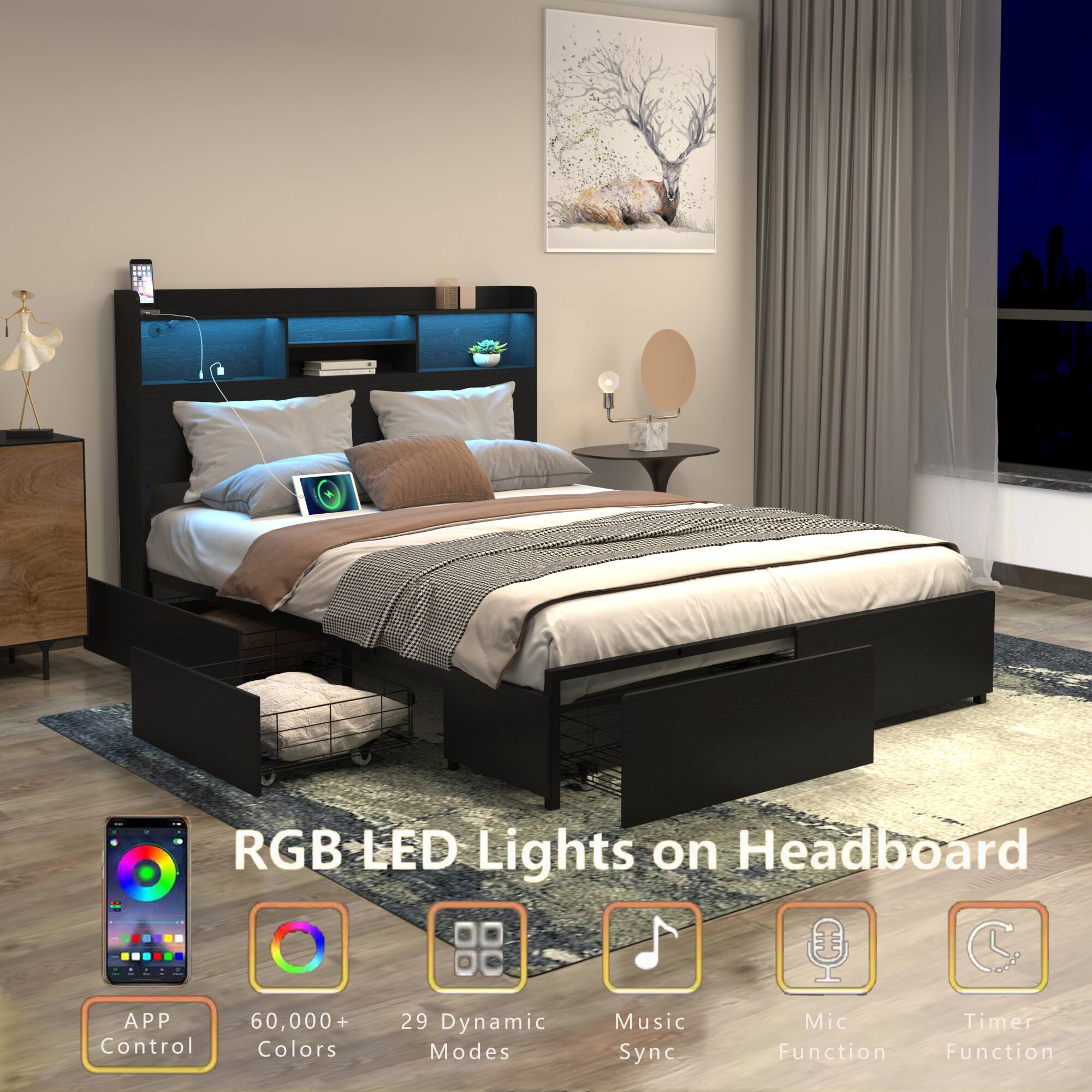 RGB LED Lights on Headboard

- APP Control
- 60,000+ Colors
- 29 Dynamic Modes
- Music Sync
- Mic Function
- Timer Function