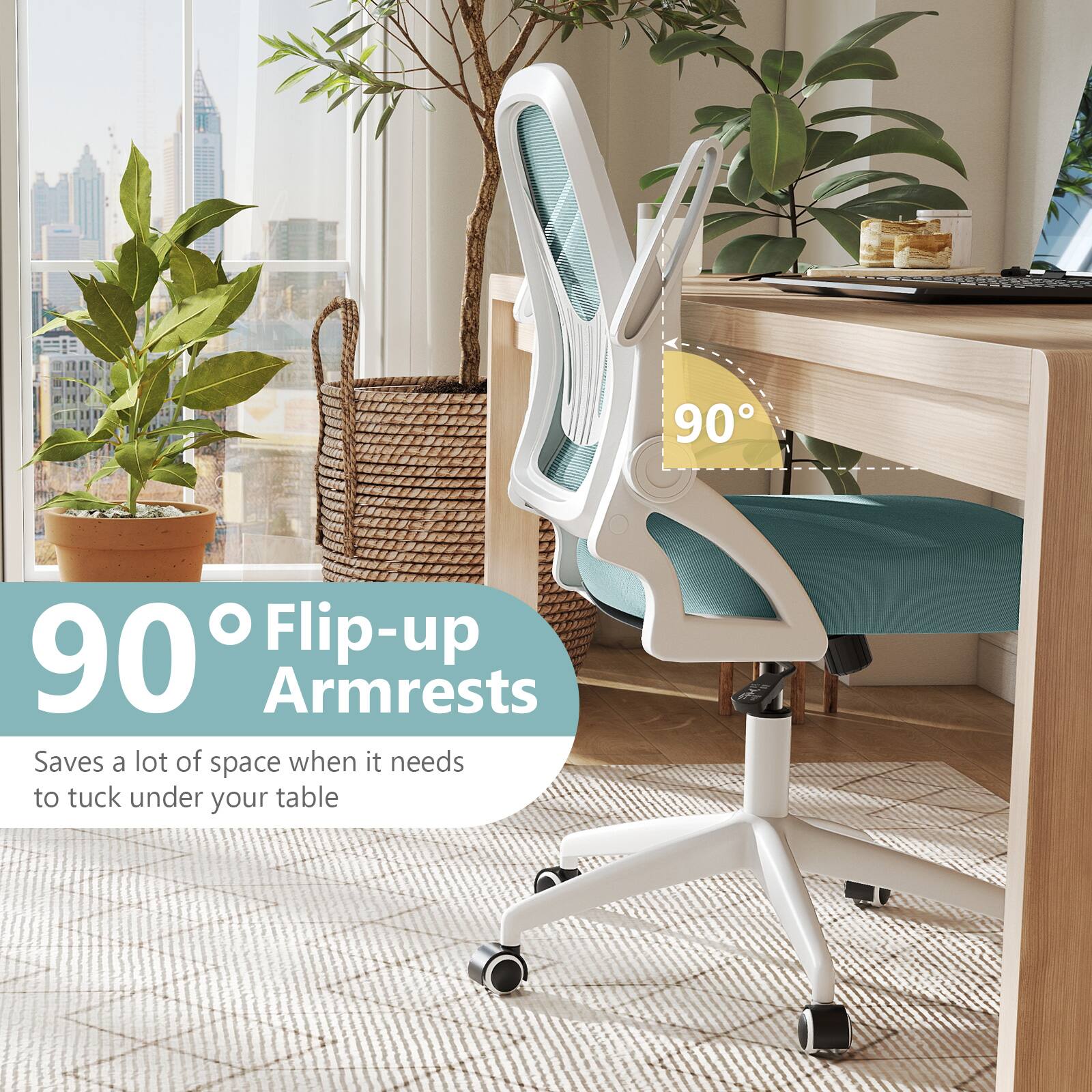 90° Flip-up Armrests

Saves a lot of space when it needs to tuck under your table