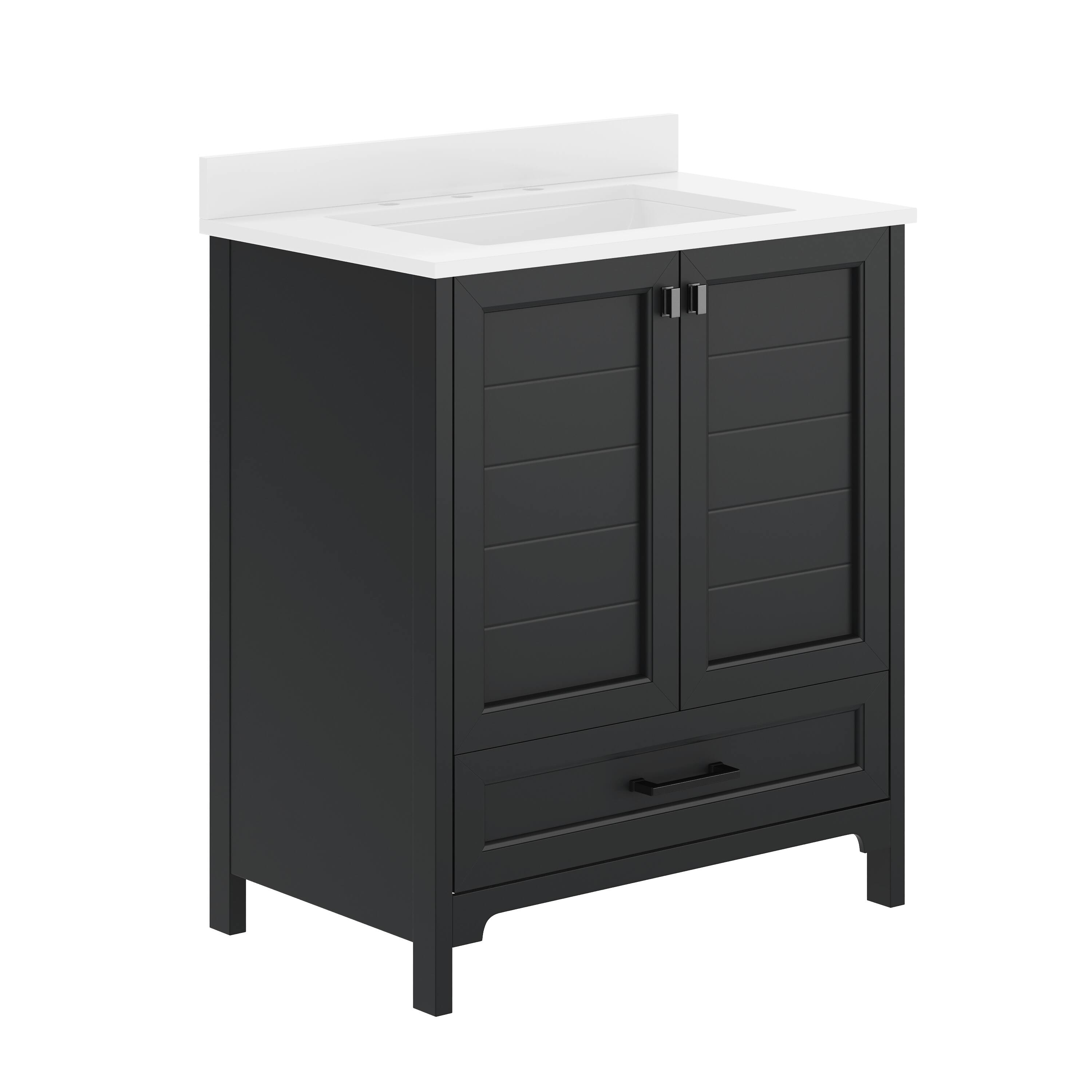 Alt View 1. Emma + Oliver - Bathroom Vanity w/ Ceramic Undermount Sink, Cabinet, Bottom Drawer - Black Frame/Black Hardware.