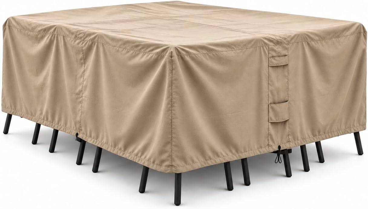 KHOMO GEAR - Patio Furniture Cover Waterproof, Rectangular Outdoor Table and Chair Set Cover, Fits 6-8 Chairs - 128"L x 82"W x 25"H - Brown