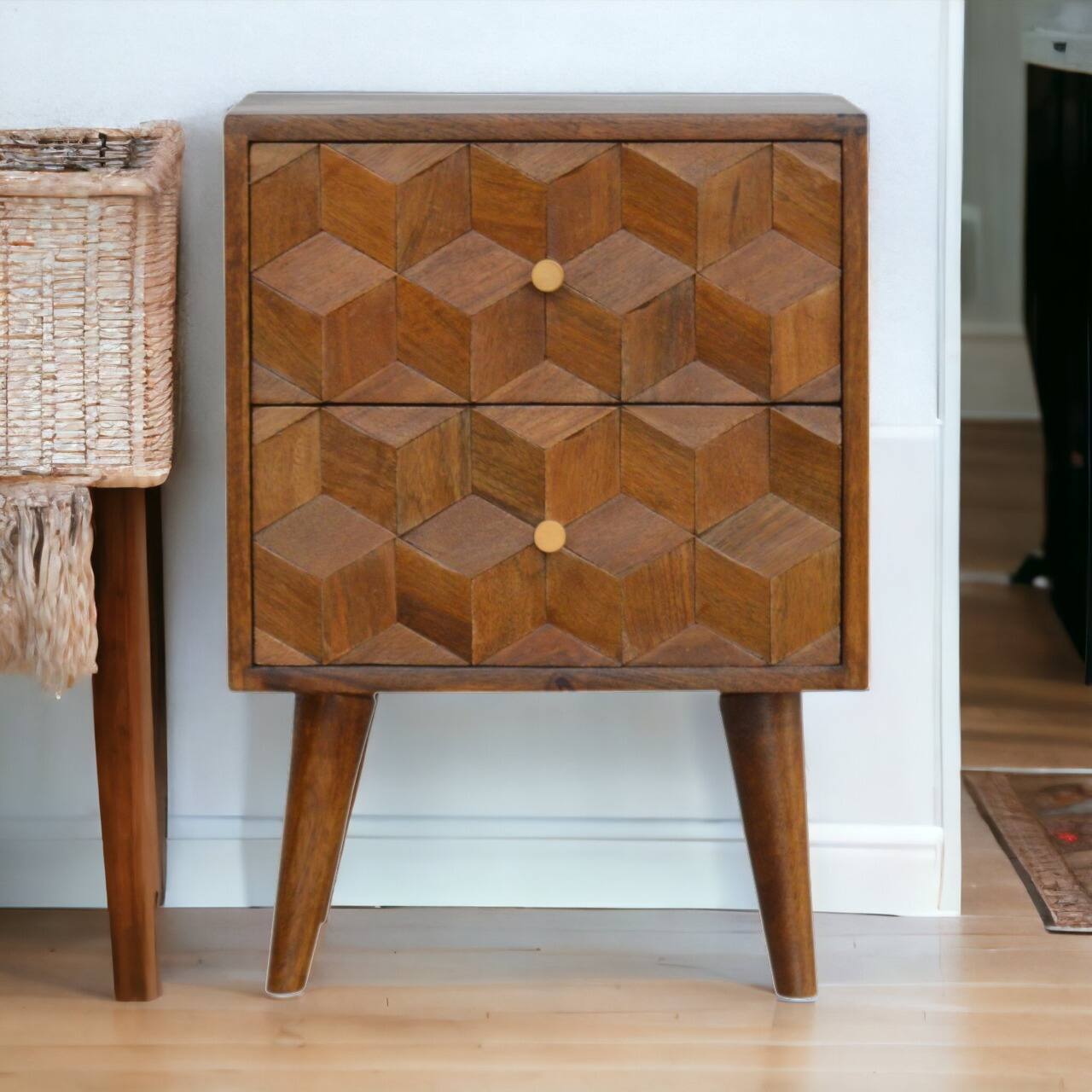 Alt View 8. Artisan Furniture - Artisan Furniture Solid Wood Chestnut Cube Carved Nightstand, 2 Drawers, Nordic Legs, Dark Brown - Chestnut.