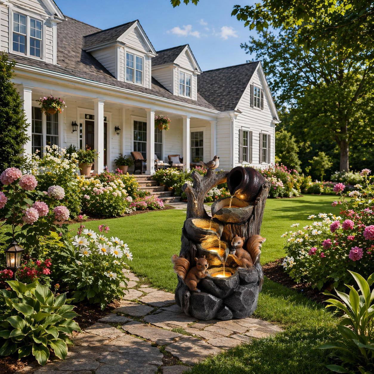 Back. RYHNUYNE - Squirrel Outdoor Water Fountain with LED Lights – Resin Tree Stump & Pouring Jug Waterfall Feature for Patio, Yard.