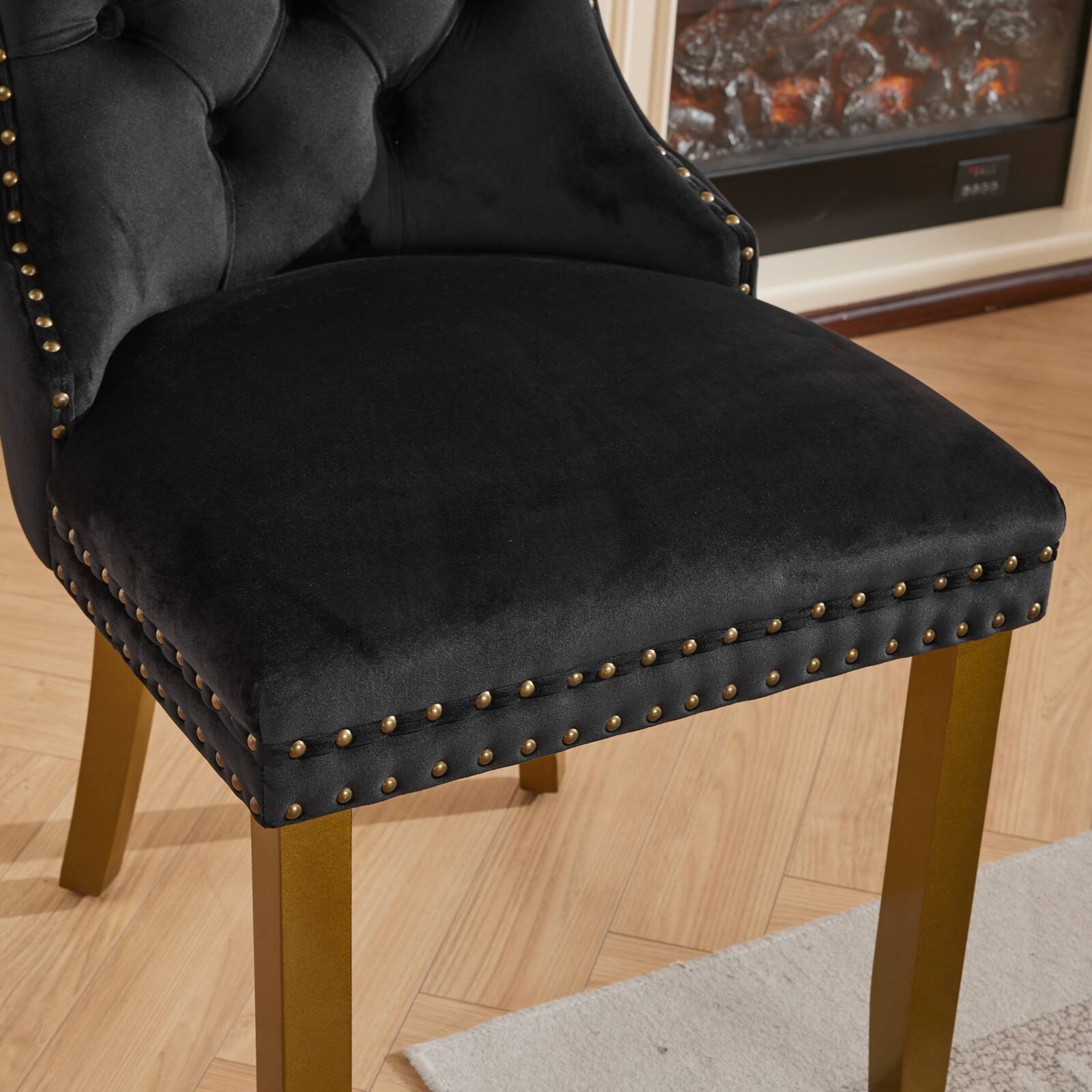 Alt View 8. Loheer - Loheer Black Velvet Dining Chairs Set of 2 Mid-Century Modern Tufted Solid Wood Golden Legs Lion Head Pull Ring - Black.