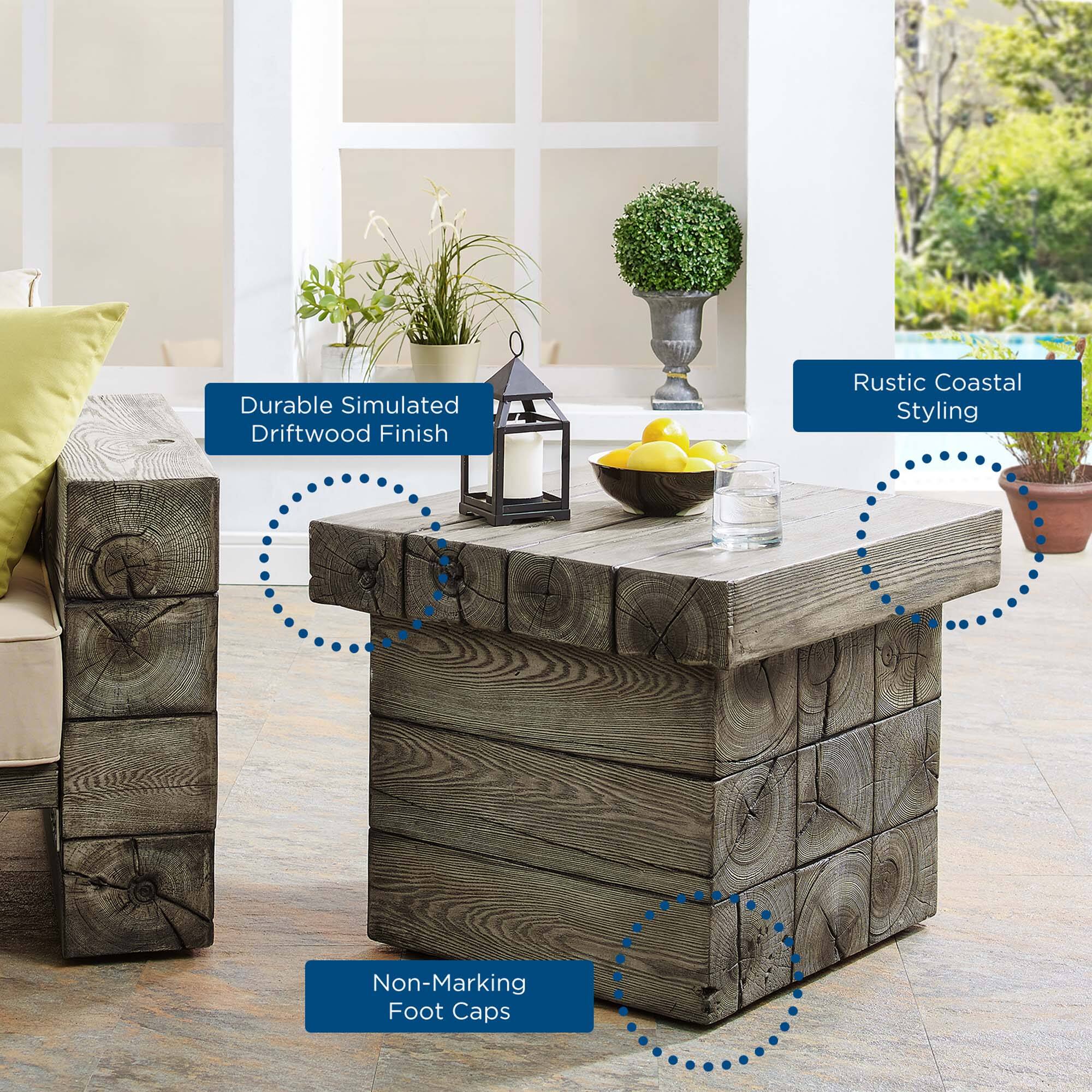- Durable Simulated Driftwood Finish
- Rustic Coastal Styling
- Non-Marking Foot Caps