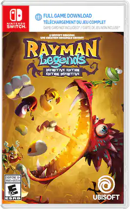 FULL GAME DOWNLOAD, TLCHARGEMENT DU JEU COMPLET, SWITCH, GAME CARD NOT INCLUDED! / CARTE DE JEU NON INCLUSE!, A UBISOFT ORIGINAL / UNE CREATION ORIGINALE UBISOFT, RAYMAN Legends DEFINITIVE EDITION / EDITION DEFINITIVE, EVERYONE 10+, ENFANTS et ADULTES 10+, D 10+, ESRB, UBISOFT - E (Everyone)