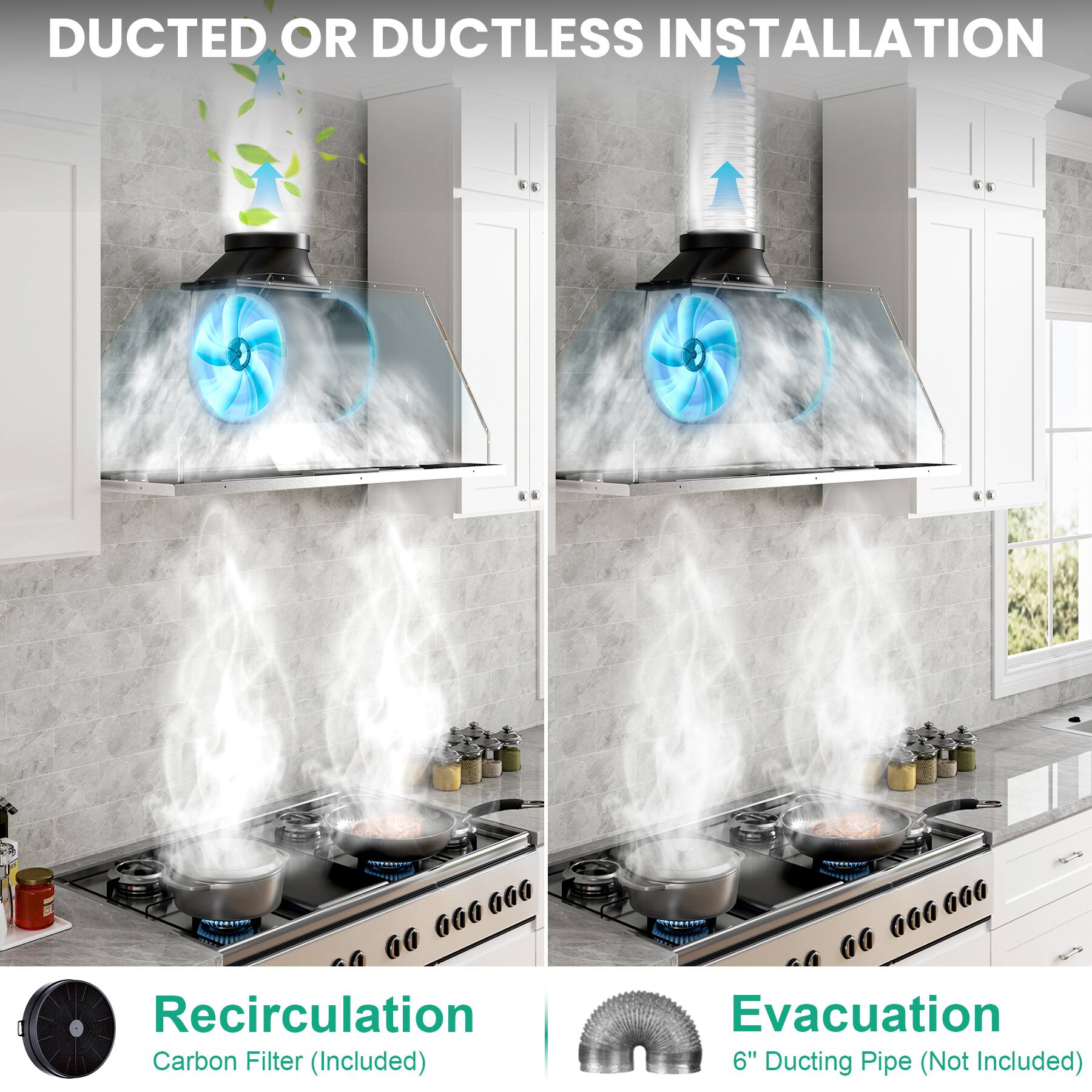 DUCTED OR DUCTLESS INSTALLATION

Recirculation
Carbon Filter (Included)

Evacuation
6" Ducting Pipe (Not Included)