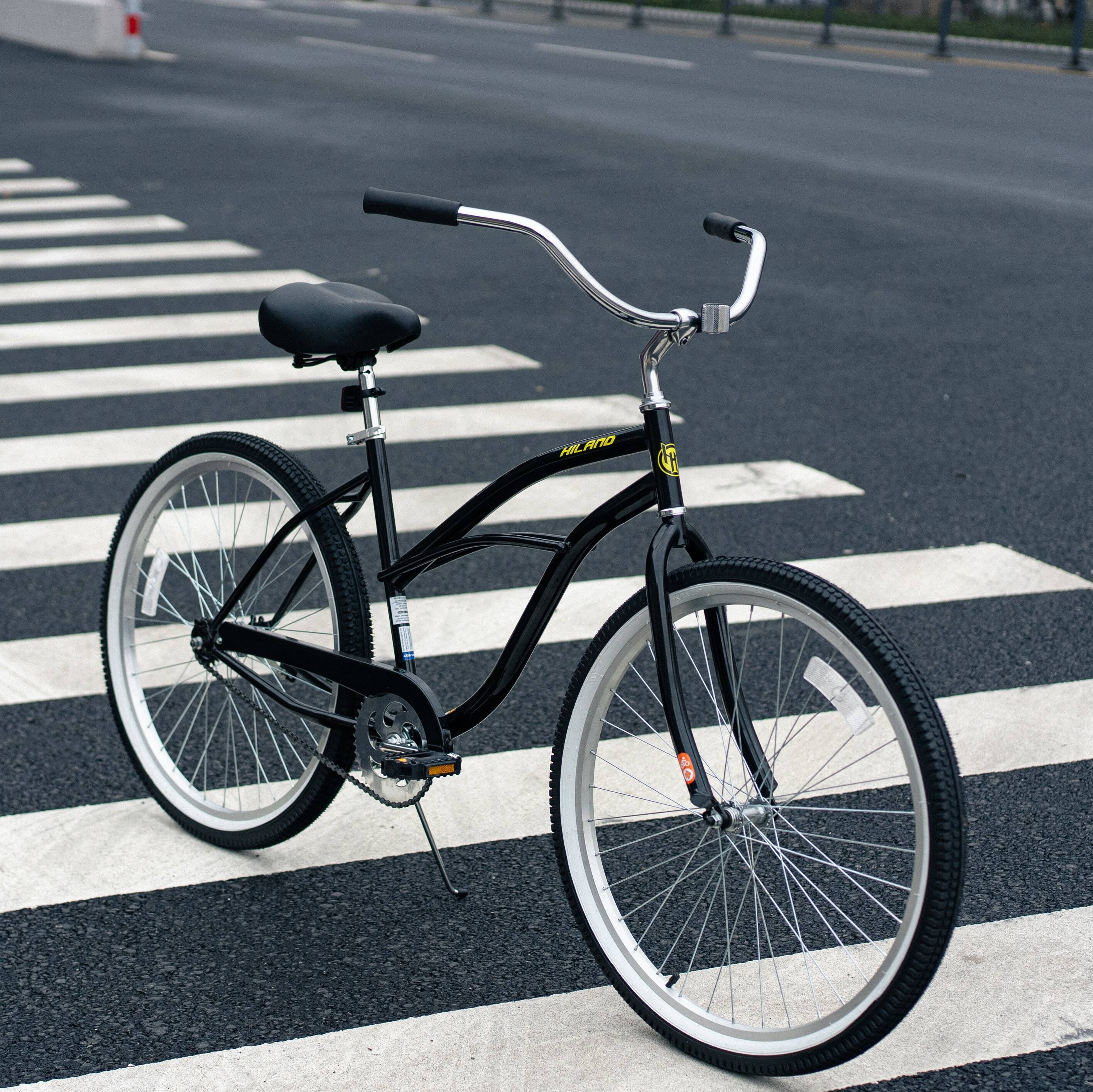 Angle. HILAND - HILAND Jade 26 Inch Adult Beach Cruiser Bike for Men Women, Steel Frame, Commuter Bicycle with Single Speed, Black - black.