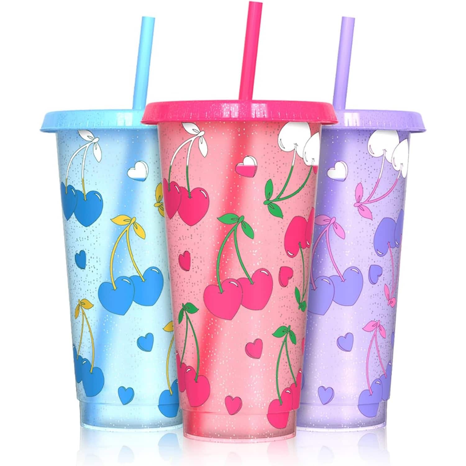 PARKER SLATER - 3-pack 24oz glitter cherry color changing plastic cups with lids and straws, BPA-free reusable tumblers for cold drinks - Multicolor