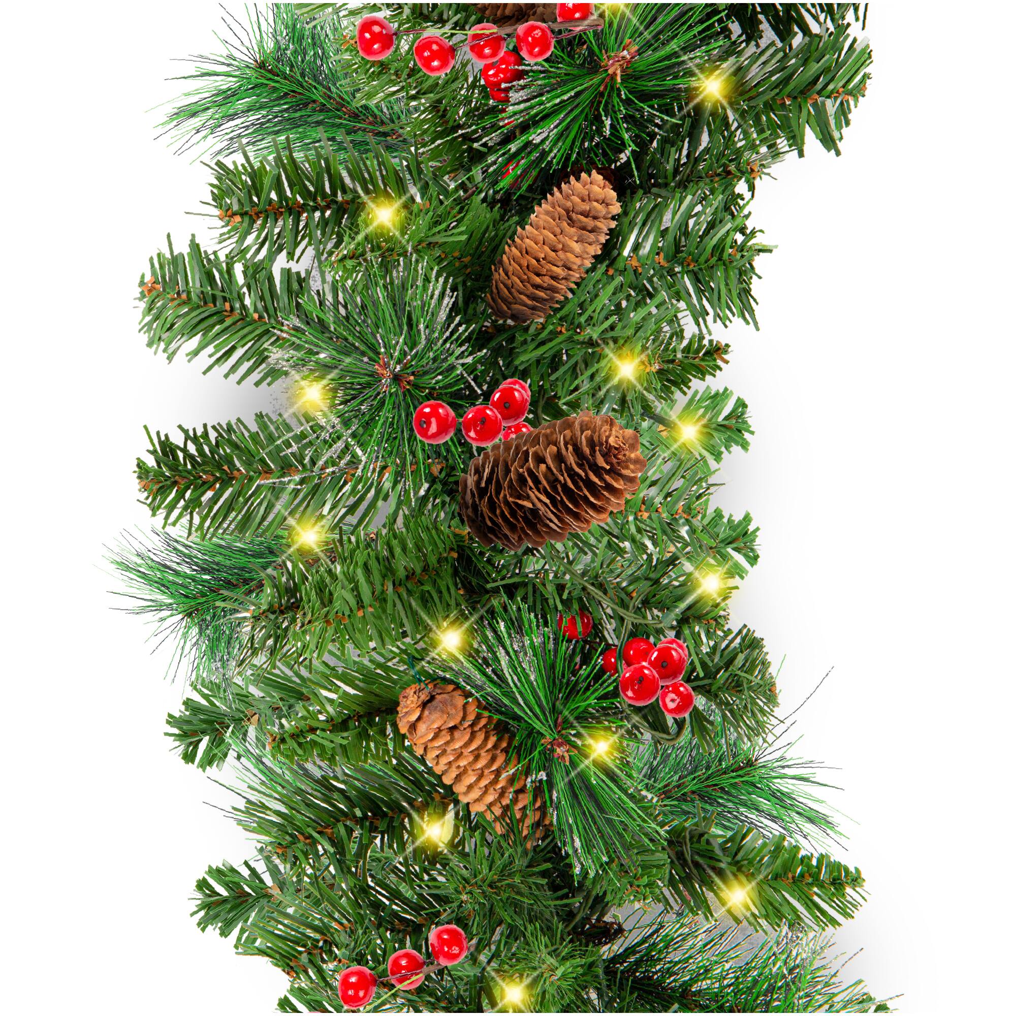 Best Choice Products - 9ft Pre-Lit Christmas Garland w/ 50 LED Lights, Pine Cones, Berries - Green/Berries - Corded