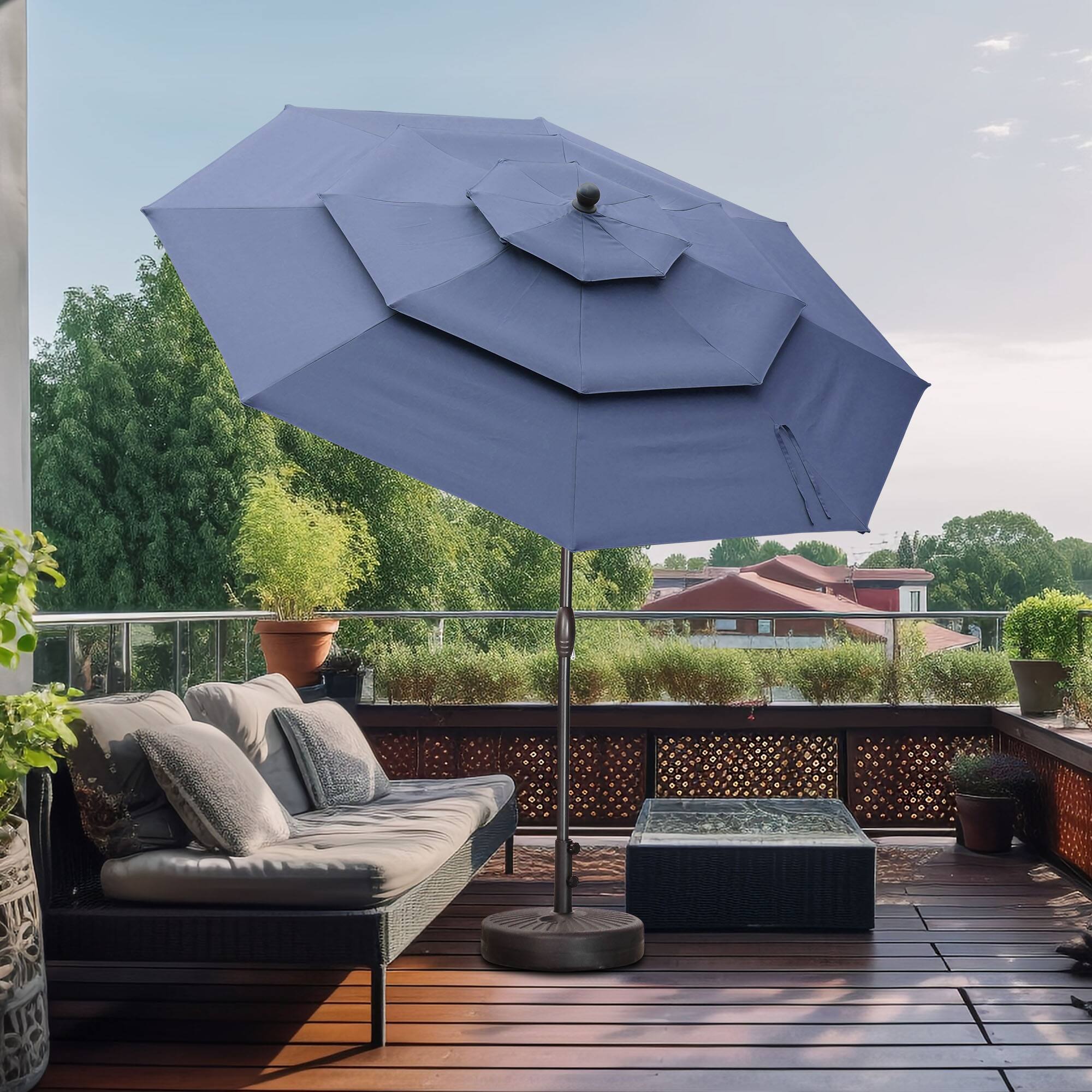 Angle. Ainfox - Ainfox 10 FT 3-Tier Patio Umbrella with Base Outdoor Market Umbrella with Crank and Tilt for Garden Lawn Backyard Pool - Navy Blue.