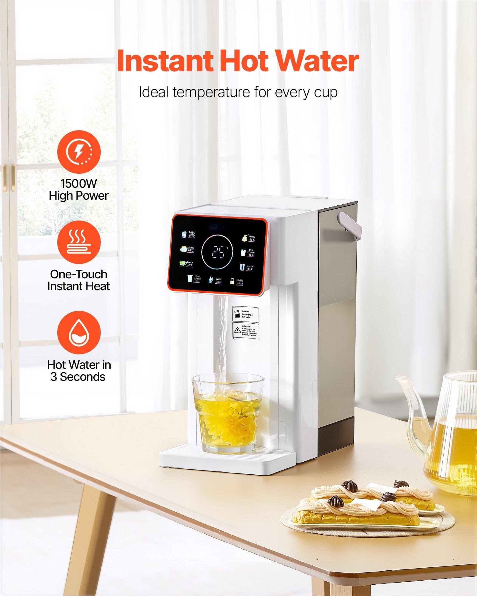 Instant Hot Water  
Ideal temperature for every cup  

1500W High Power  
One-Touch Instant Heat  
Hot Water in 3 Seconds