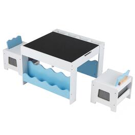 Costway - Wooden Kids Table & Chairs Set with Double-sided Tabletop Chalkboard Bookshelves - White + Blue