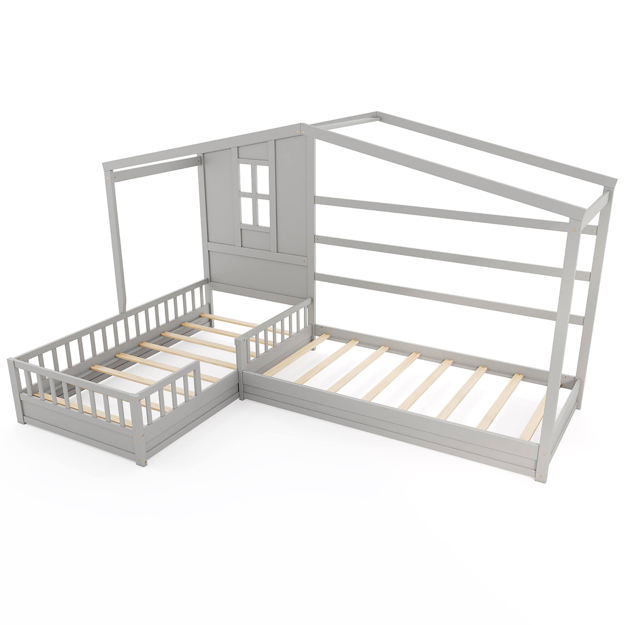 Alt View 9. Gymax - Gymax L-shaped Double Twin Beds House Platform Beds w/ Window & Fences ray Gray - Gray.