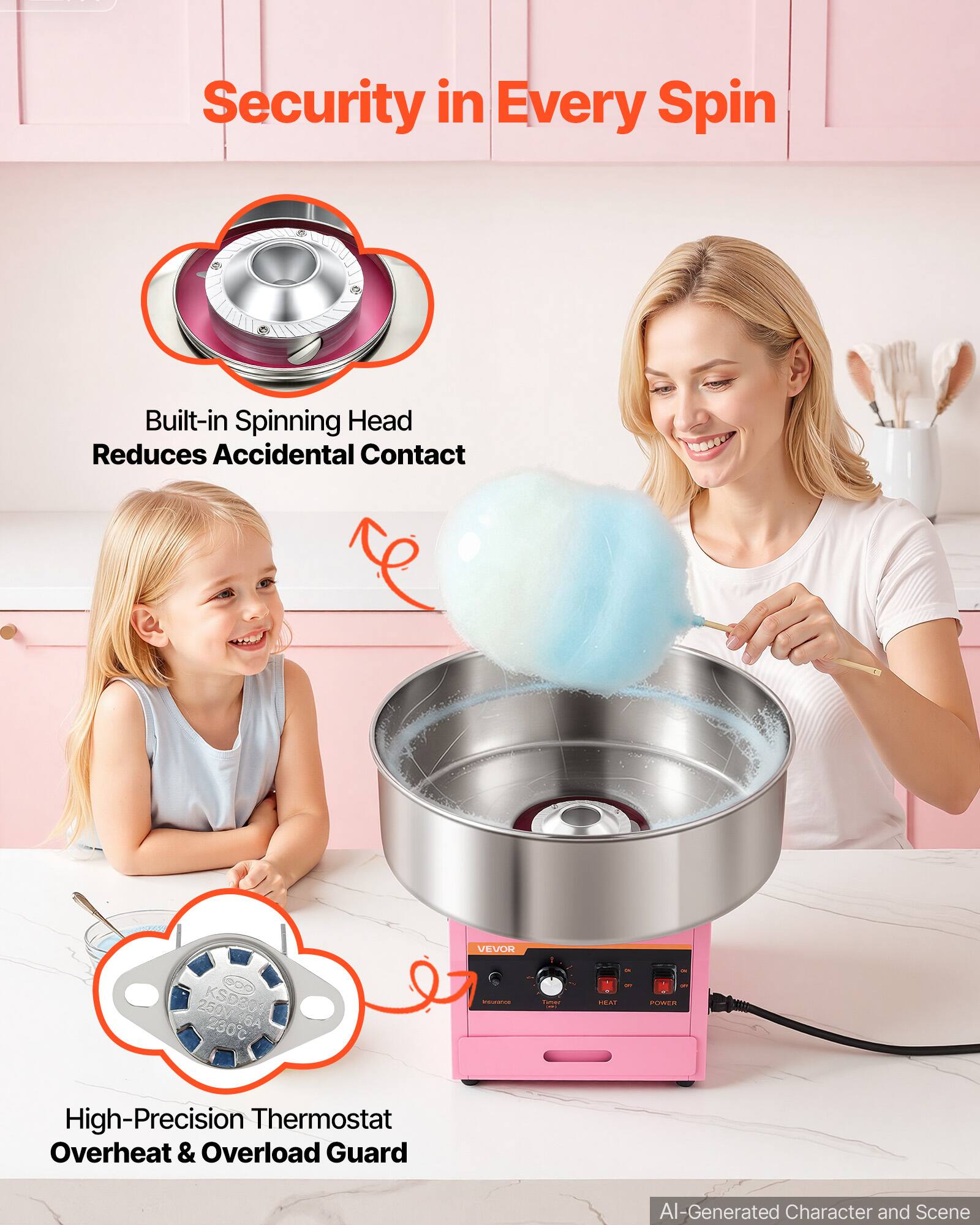 Security in Every Spin

Built-in Spinning Head Reduces Accidental Contact

VEVOR
250Y KSD304 230C 6A

Insurance
PEAZ
POWER

High-Precision Thermostat Overheat & Overload Guard

AI-Generated Character and Scene