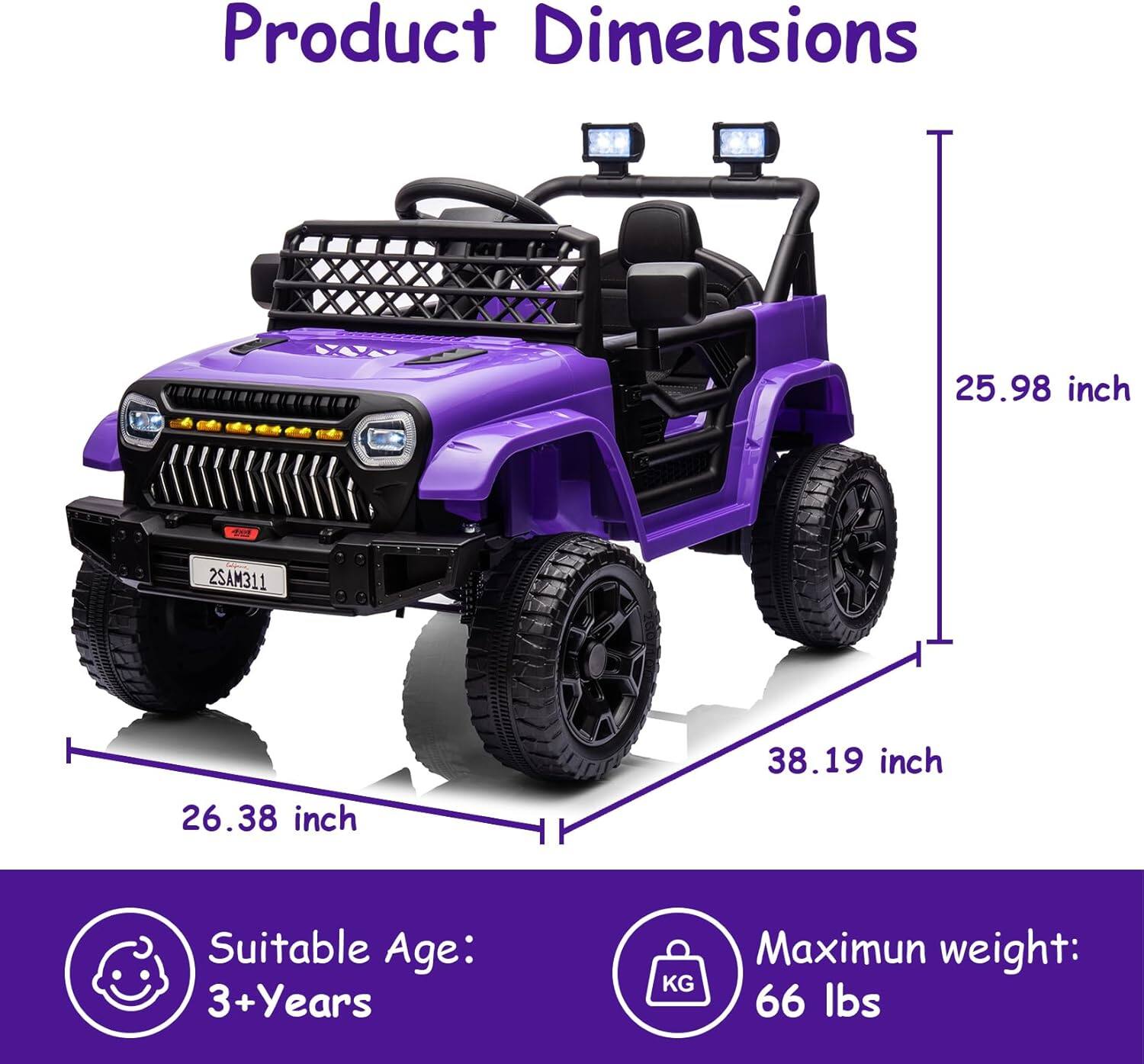Product Dimensions  
25.98 inch  
38.19 inch  
26.38 inch  

Suitable Age: 3+ Years  
Maximum weight: 66 lbs
