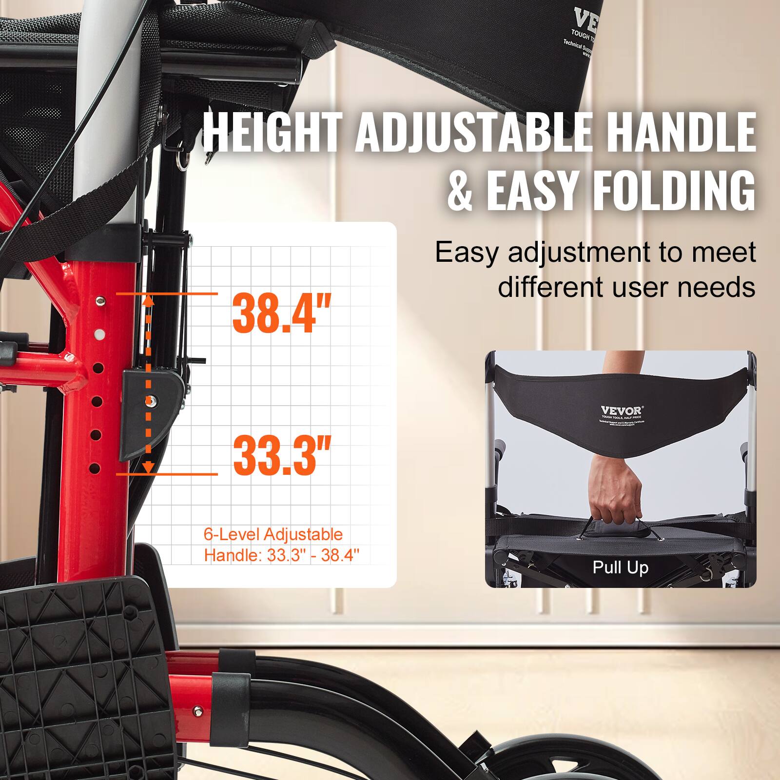 **HEIGHT ADJUSTABLE HANDLE & EASY FOLDING**
Easy adjustment to meet different user needs
**38.4"**
**33.3"**
6-Level Adjustable Handle: 33.3" - 38.4"
Pull Up