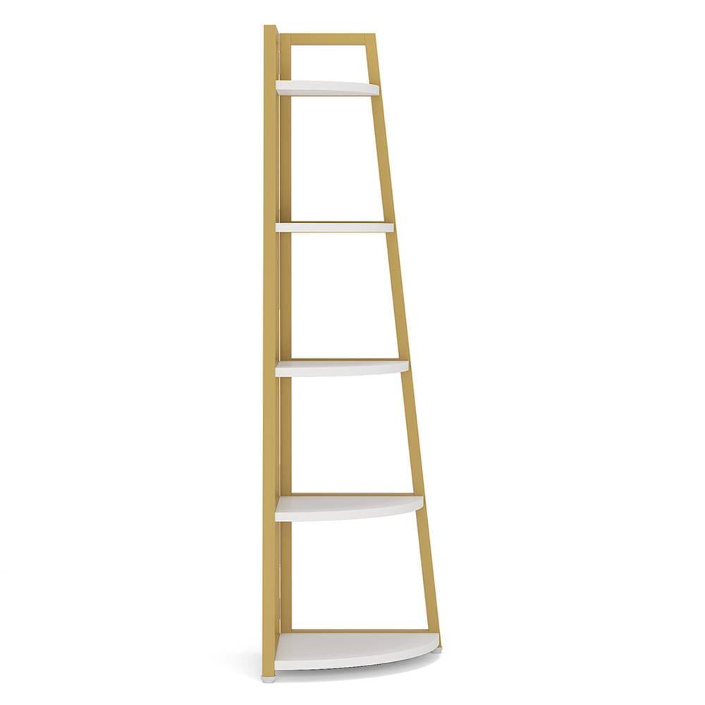 Left. Kadyn - Kadyn Bookshelf, Storage Shelf, Bookcase,5-Tier Corner Shelf, 70" Tall Corner Ladder Shelf Small Bookshelf,Gold & White - Gold & White.