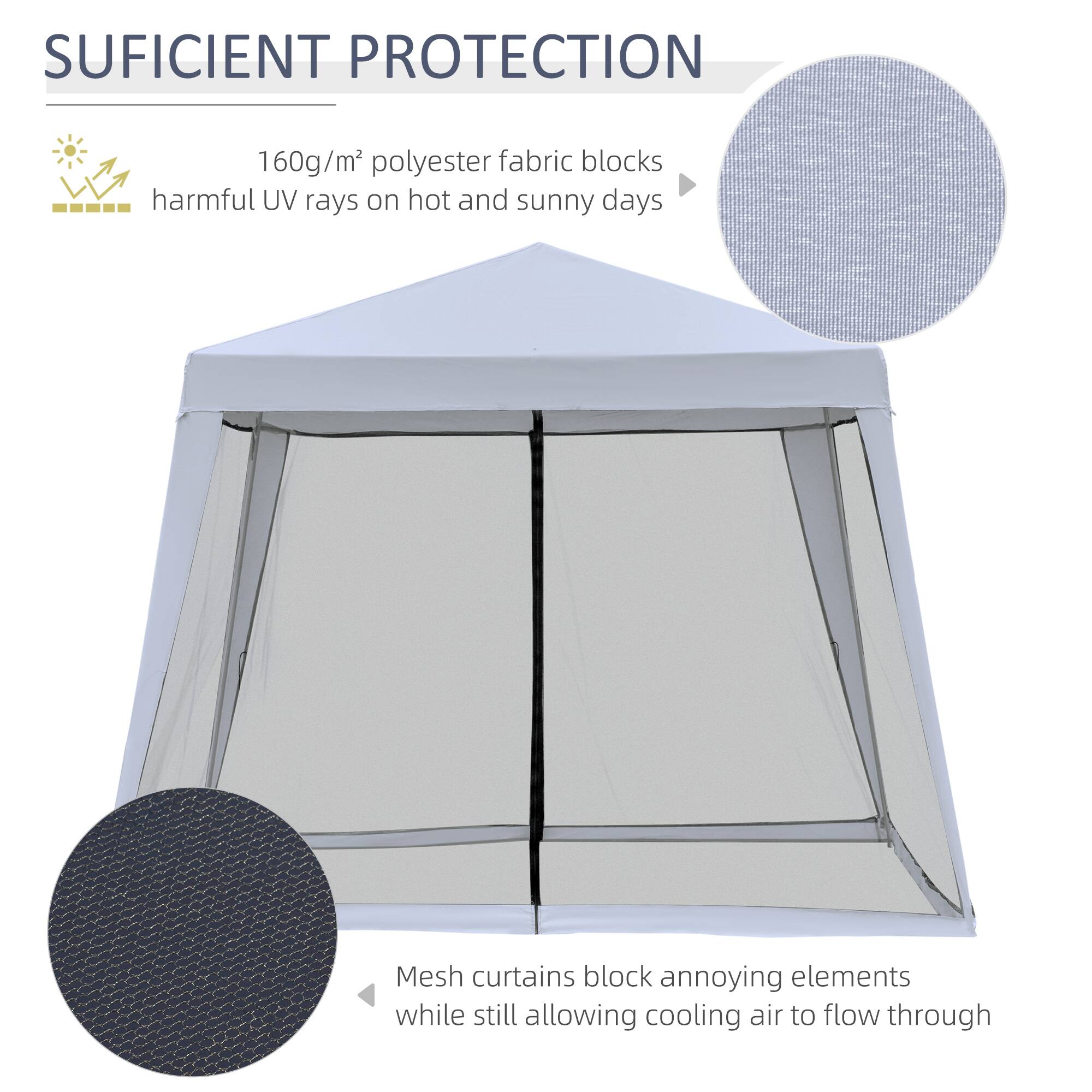 SUFICIENT PROTECTION

160g/m² polyester fabric blocks harmful UV rays on hot and sunny days

Mesh curtains block annoying elements while still allowing cooling air to flow through