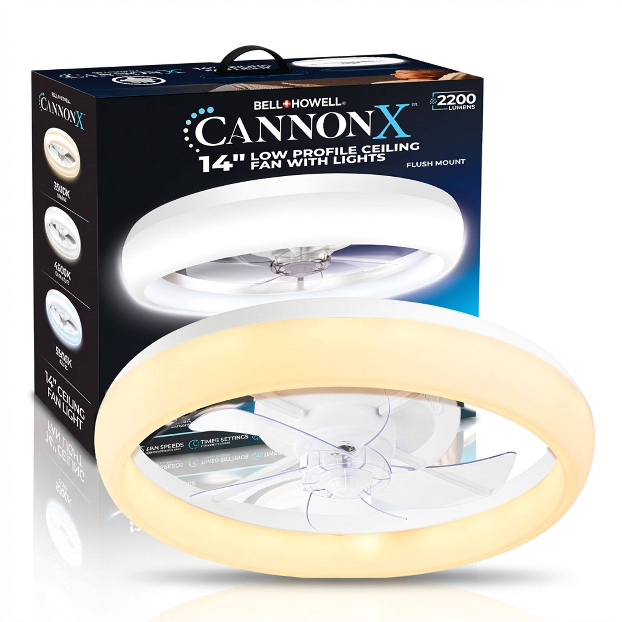 A CCAWER! L HOWELL. ... 2200 BELL LUMENS CANNONX CANNONX PROFILE CEILING "LOW LIGHTS 14" FAN WITH FLUSH MOUNT XCOSE - 40 Sididiat GiL V FAN COLNG LIGHT Ie FAN LICHT te 2 DAEr SETTINCS 40 TIMPO SPERDS - ZIN TE LINE SINED ILUC ZAEROV