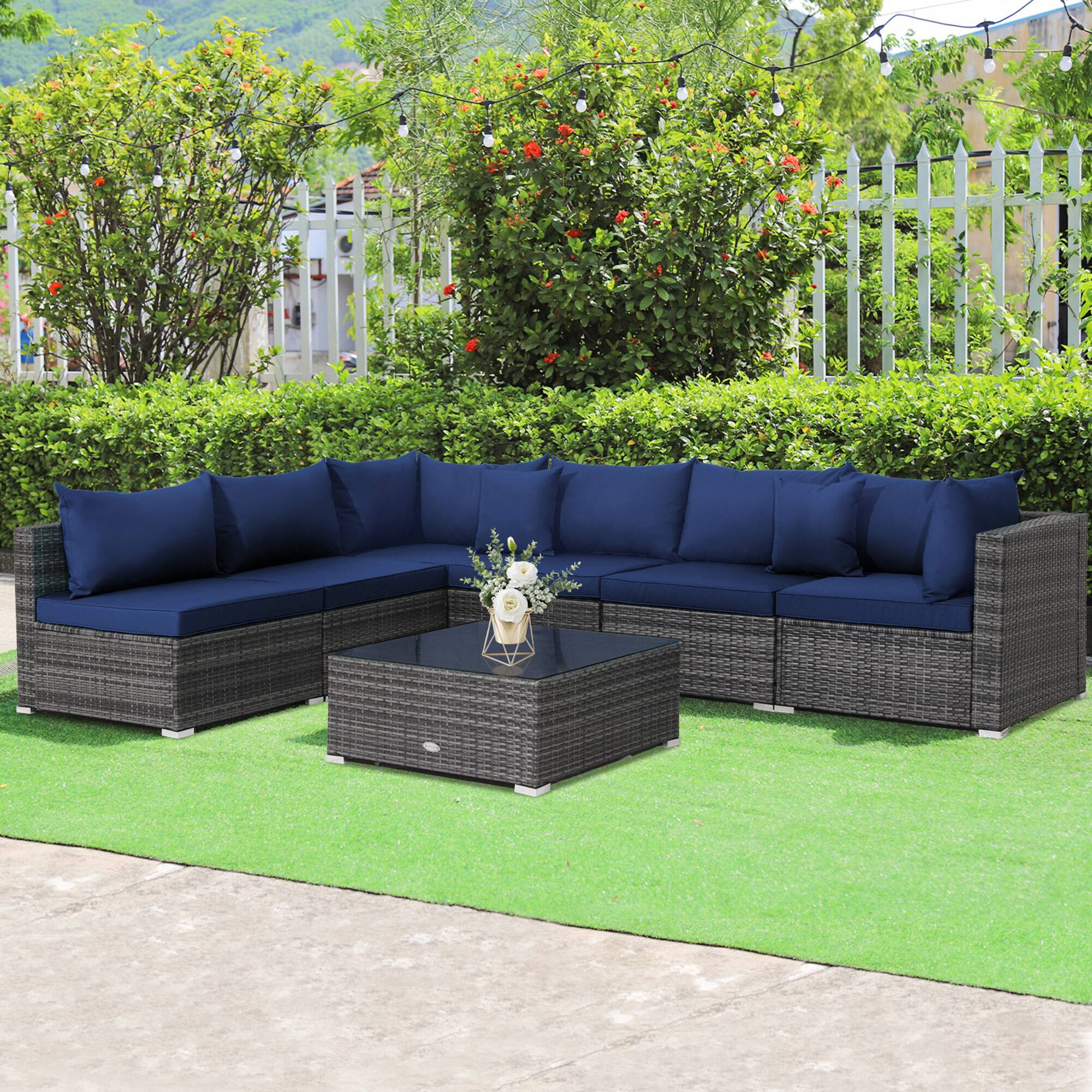 Alt View 3. Gymax - Gymax 7PCS Patio Rattan Sectional Sofa Set Outdoor Furniture Set w/ Navy Cushions - Navy.