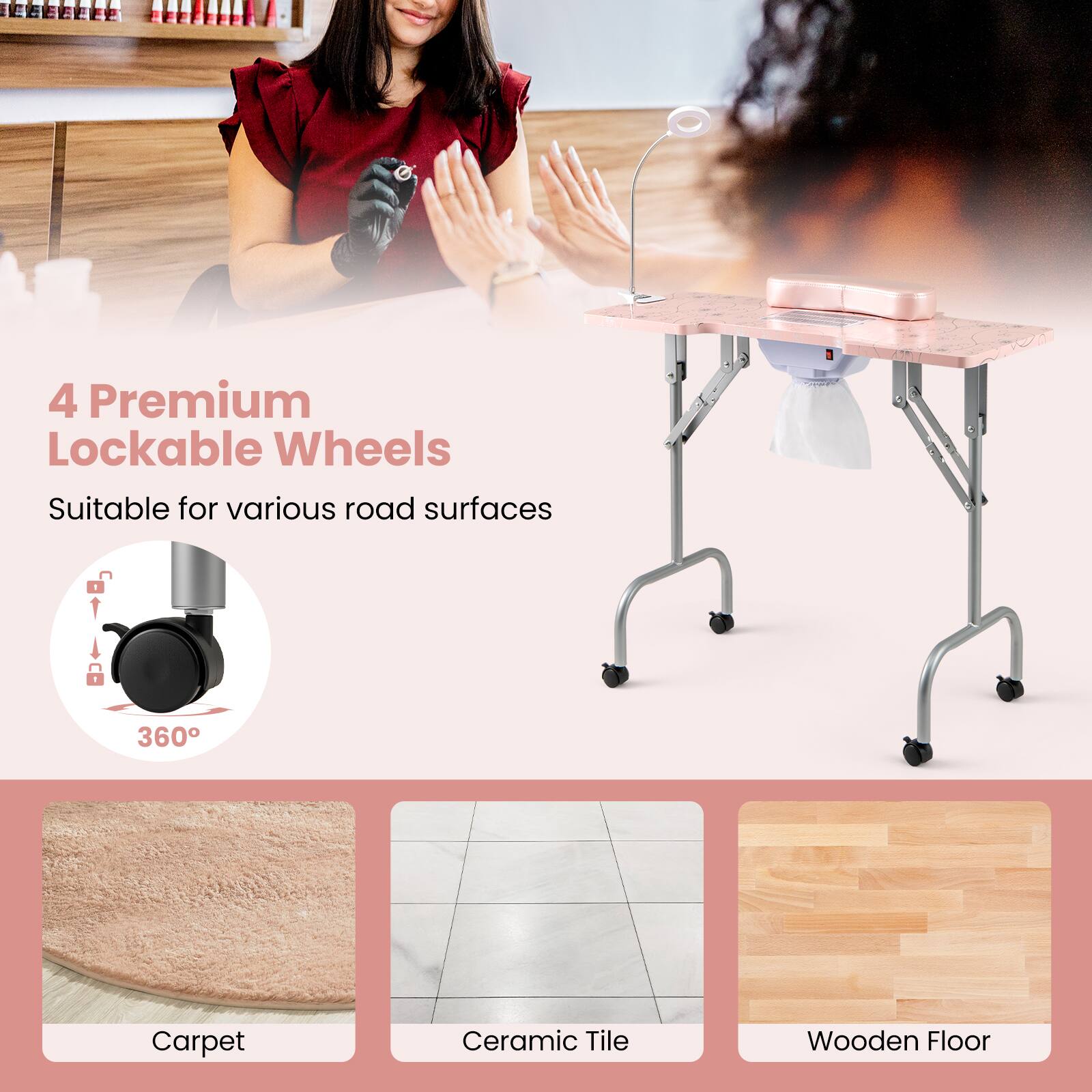 4 Premium Lockable Wheels  
Suitable for various road surfaces

360°

Carpet  
Ceramic Tile  
Wooden Floor