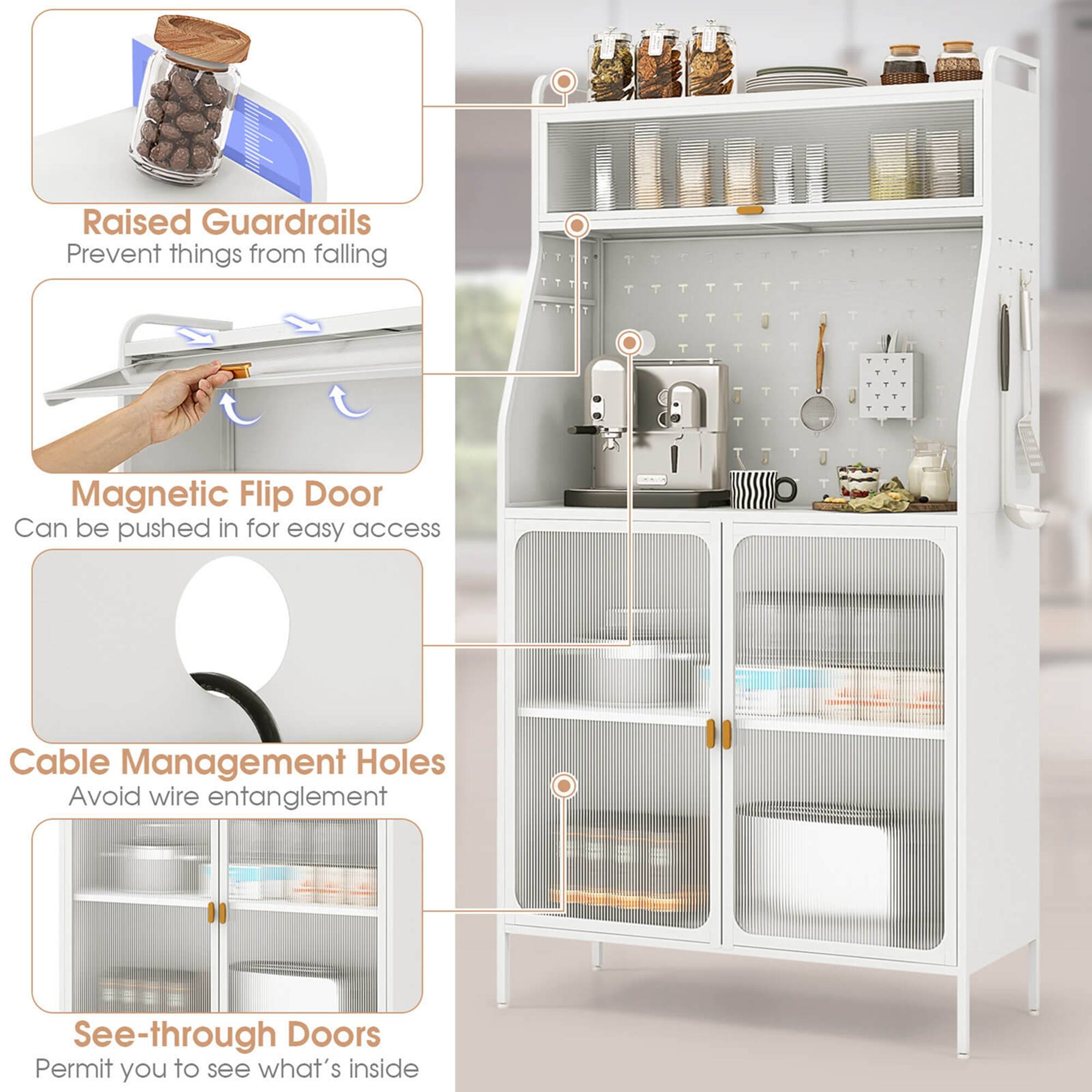 Raised Guardrails  
Prevent things from falling  

Magnetic Flip Door  
Can be pushed in for easy access  

Cable Management Holes  
Avoid wire entanglement  

See-through Doors  
Permit you to see what's inside