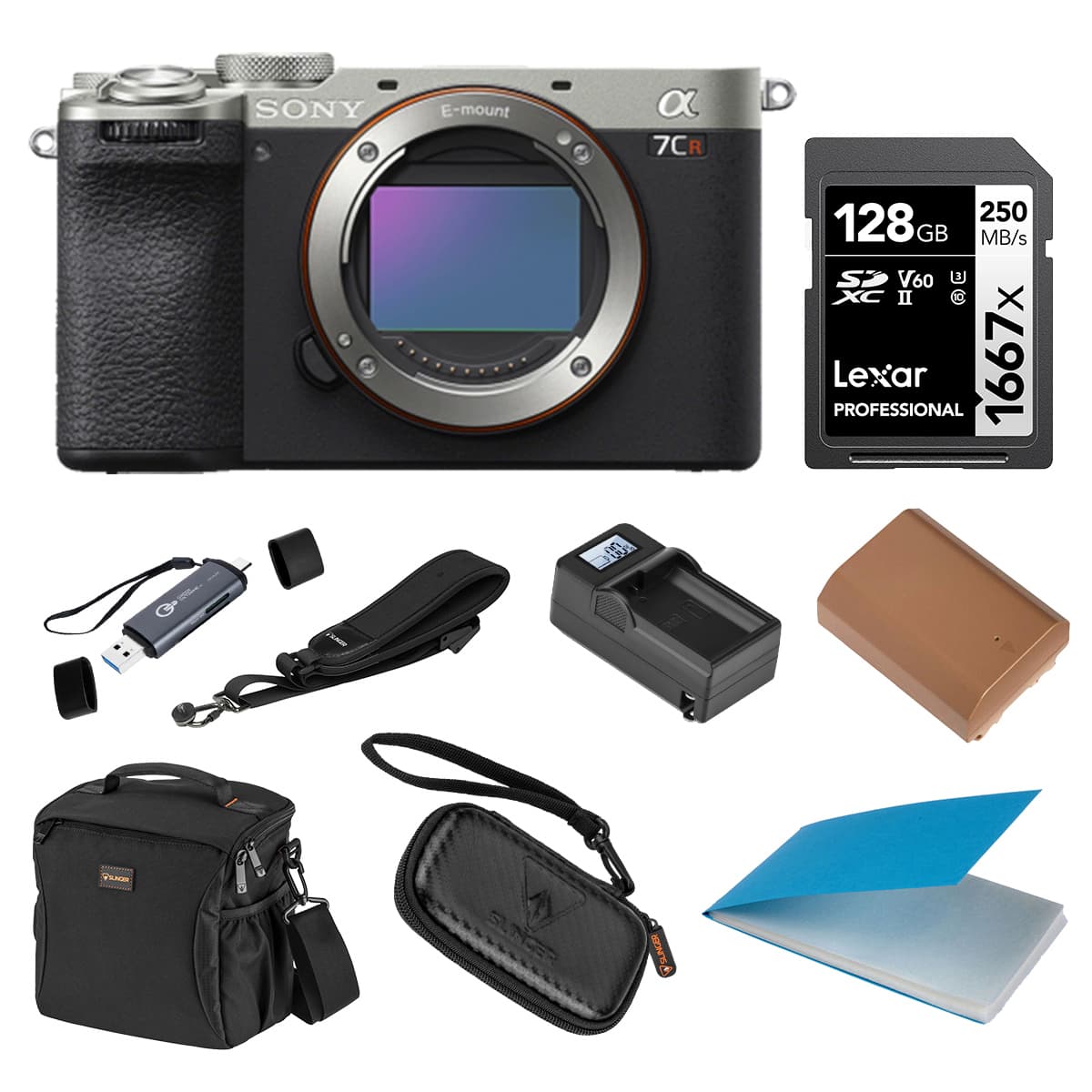 Bundle - Sony - Alpha a7CR Mirrorless Camera Body, Silver, with Shoulder Bag, 128GB SD Card, Card Reader, Extra Battery,