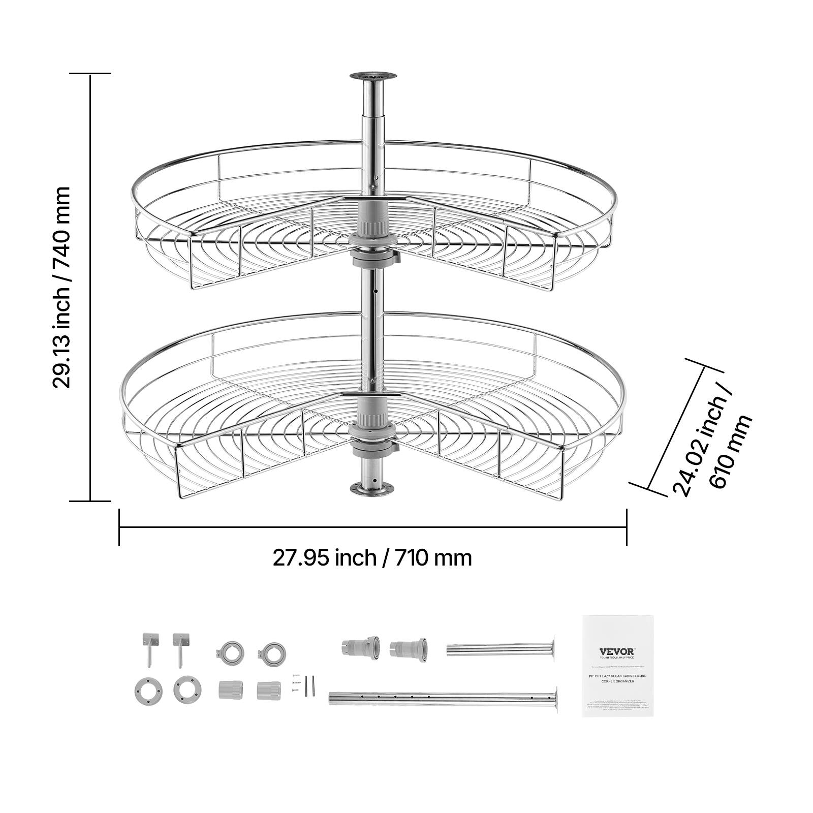 - Height: 29.13 inch / 740 mm
- Diameter: 27.95 inch / 710 mm
- Width: 24.02 inch / 610 mm

VEVOR