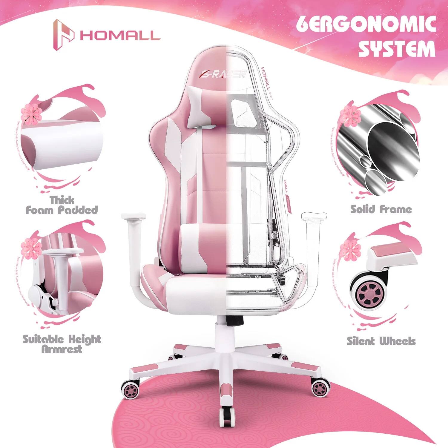 ERGONOMIC HOMALL SYSTEM S-RADER HOMALL  
Thick Foam Padded  
Solid Frame  
Suitable Height Armrest  
Silent Wheels
