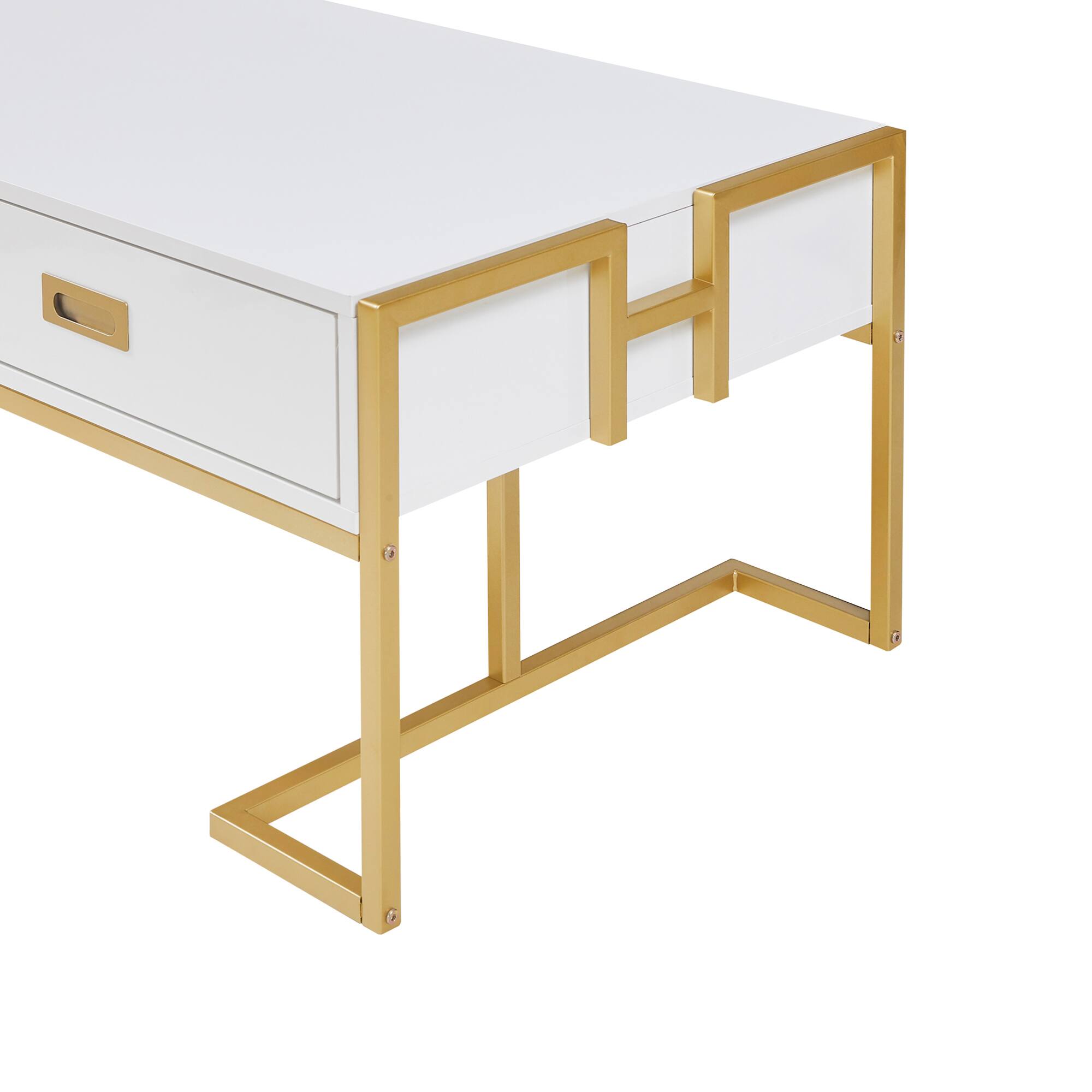 Alt View 10. GOODSILO - Modern Rectangular Coffee Table with Drawers and Metallic Base - White+Gold.